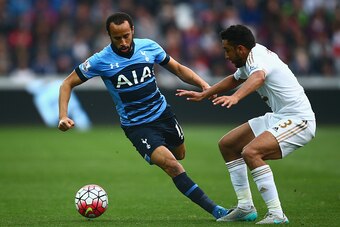 SWANSEA, WALES - OCTOBER 04: Andros Townsend of Tottenham Hotspur and Neil Taylor of Swansea City in action during the Barclays Premier League match between Swansea City and Tottenham Hotspur at Liberty Stadium on October 4, 2015 in Swansea, Wales.  (Phot