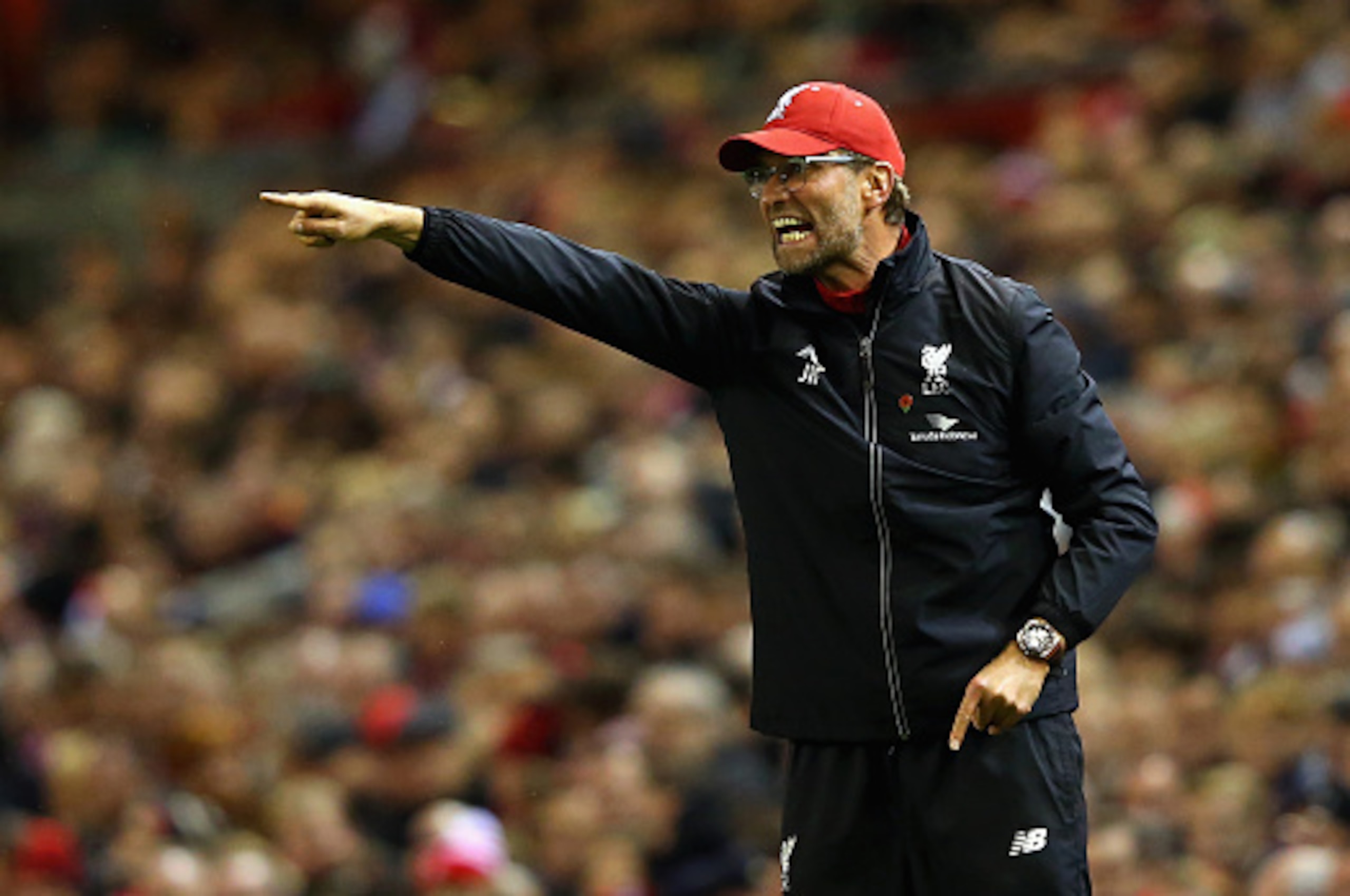 LIVERPOOL, ENGLAND - NOVEMBER 08:  Jurgen Klopp, Manager of Liverpool reacts  during the Barclays Premier League match between Liverpool and Crystal Palace at Anfield on November 8, 2015 in Liverpool, England.  (Photo by Alex Livesey/Getty Images)