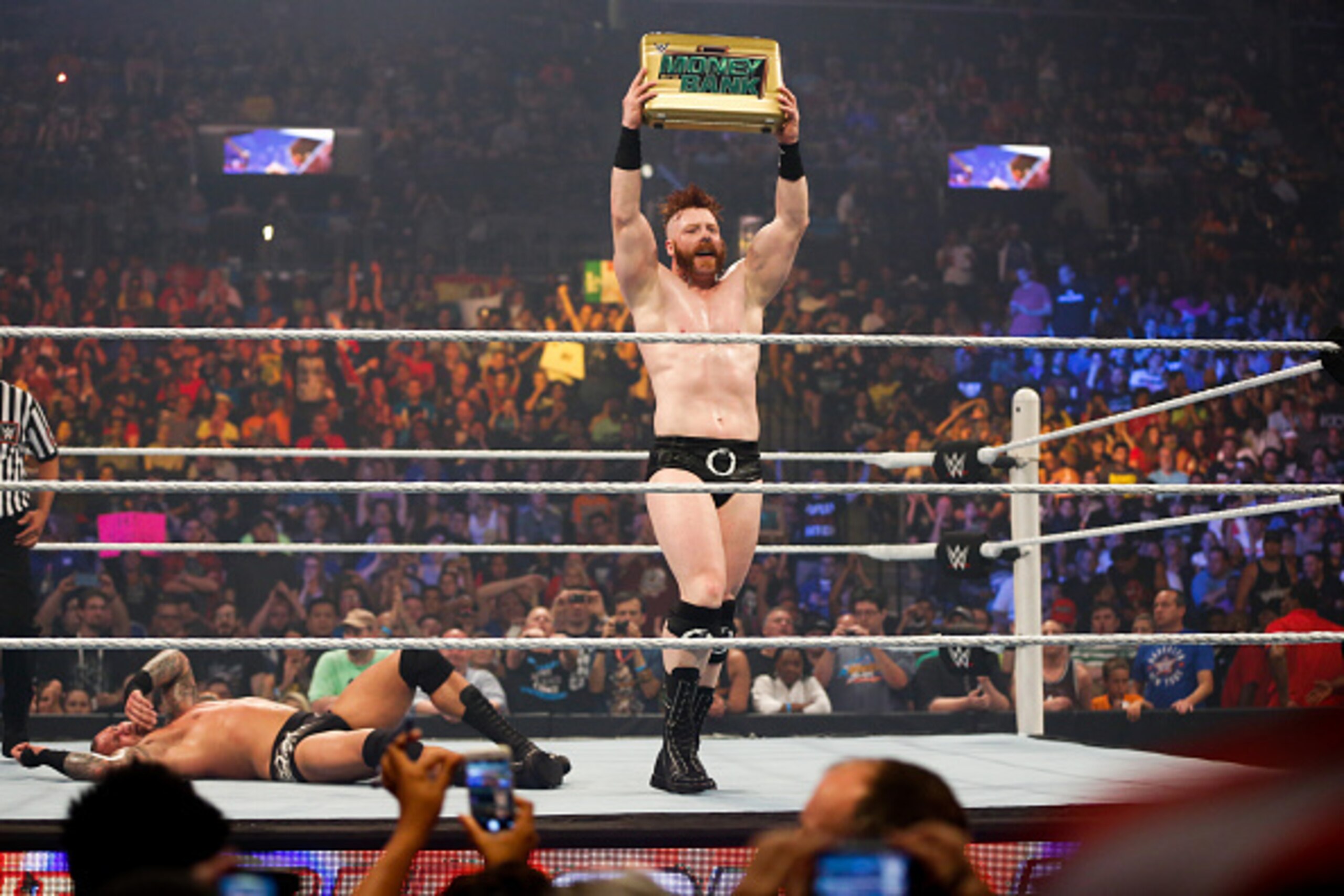 NEW YORK, NY - AUGUST 23:  Sheamus celebrates his victory at the WWE SummerSlam 2015  at Barclays Center of Brooklyn on August 23, 2015 in New York City.  (Photo by JP Yim/Getty Images)