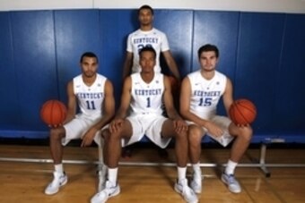 Sep 24, 2015; Lexington, KY, USA; Kentucky Wildcats forward Skal Labissiere (1), guard Mychal Mulder (11), forward Issac Humphries (15) and guard Jamal Murray during Kentucky photo day at Memorial Coliseum. Mandatory Credit: Mark Zerof-USA TODAY Sports