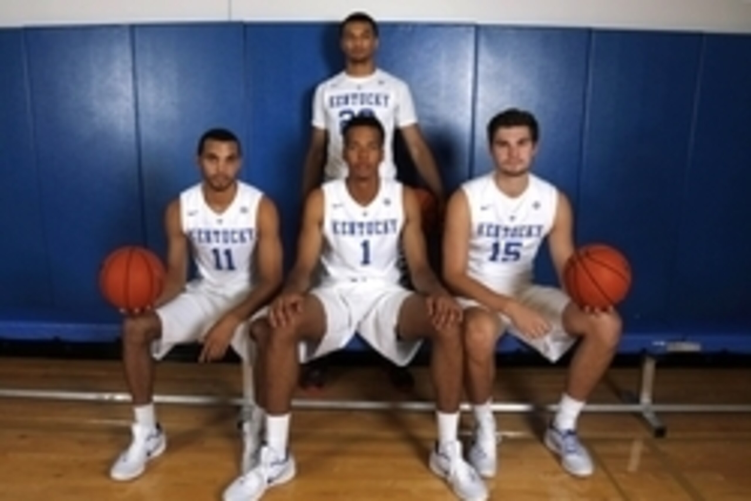Sep 24, 2015; Lexington, KY, USA; Kentucky Wildcats forward Skal Labissiere (1), guard Mychal Mulder (11), forward Issac Humphries (15) and guard Jamal Murray during Kentucky photo day at Memorial Coliseum. Mandatory Credit: Mark Zerof-USA TODAY Sports