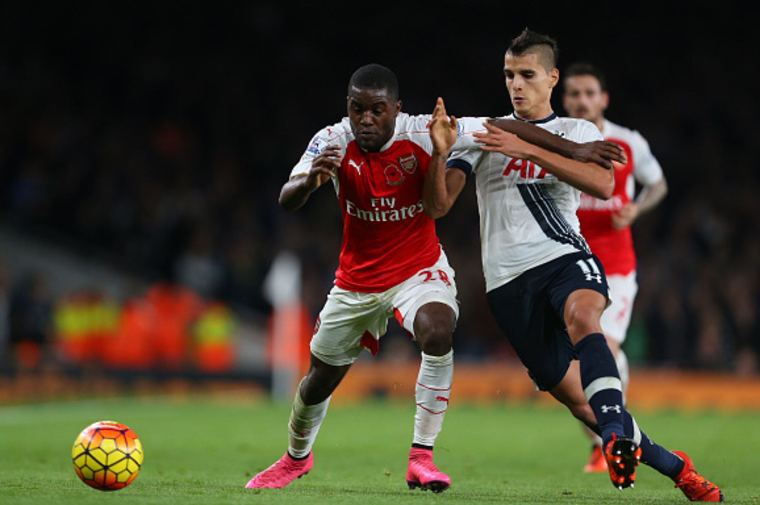 LONDON, ENGLAND - NOVEMBER 08: Joel Campbell of Arsenal and Erik Lamela of Tottenham Hotspur during the Barclays Premier League match between Arsenal and Tottenham Hotspur at Emirates Stadium on November 8, 2015 in London, England. (Photo by Catherine I LONDON, ENGLAND - NOVEMBER 08: Joel Campbell of Arsenal and Erik Lamela of Tottenham Hotspur during the Barclays Premier League match between Arsenal and Tottenham Hotspur at Emirates Stadium on November 8, 2015 in London, England. (Photo by Catherine I