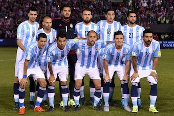 Argentina's players pose for pictures before the start of their Russia 2018 FIFA World Cup South American Qualifiers football match against Paraguay, at the Defensores del Chaco stadium in Asuncion, on October 13, 2015. (L-R, back row) forward Javier Past
