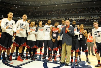 Aug 16, 2014; Chicago, IL, USA; United States Basketball Managing Director Jerry Colangelo and the USA Team address the crowd after the game against  Brazil at the United Center. The United States defeated Brazil 95-78. Mandatory Credit: David Banks-USA T