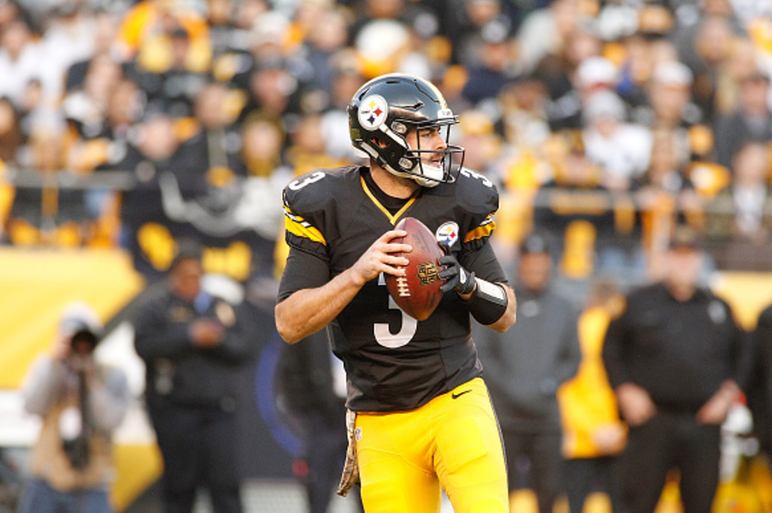 PITTSBURGH, PA - NOVEMBER 08:  Landry Jones #3 of the Pittsburgh Steelers looks to pass in the 4th quarter of the game against the Oakland Raiders at Heinz Field on November 8, 2015 in Pittsburgh, Pennsylvania.  (Photo by Justin K. Aller/Getty Images)