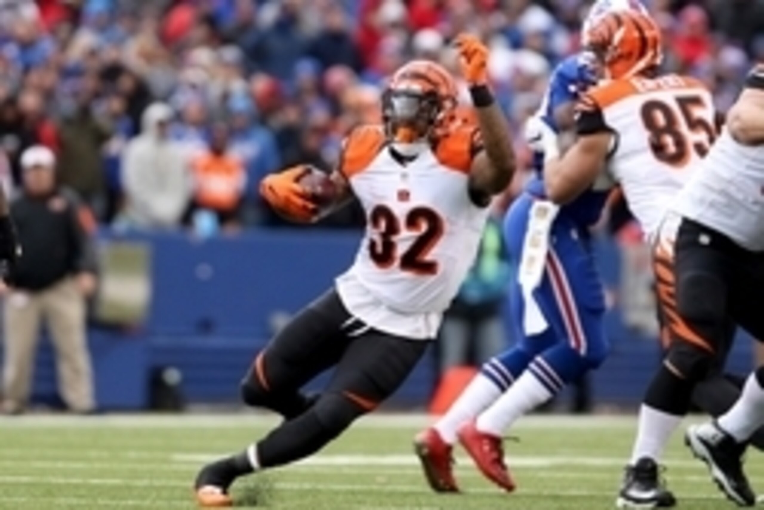 Oct 18, 2015; Orchard Park, NY, USA; Cincinnati Bengals running back Jeremy Hill (32) runs the ball during the second half against the Buffalo Bills at Ralph Wilson Stadium. Bengals beat the Bills 34 to 21. Mandatory Credit: Timothy T. Ludwig-USA TODAY Sp