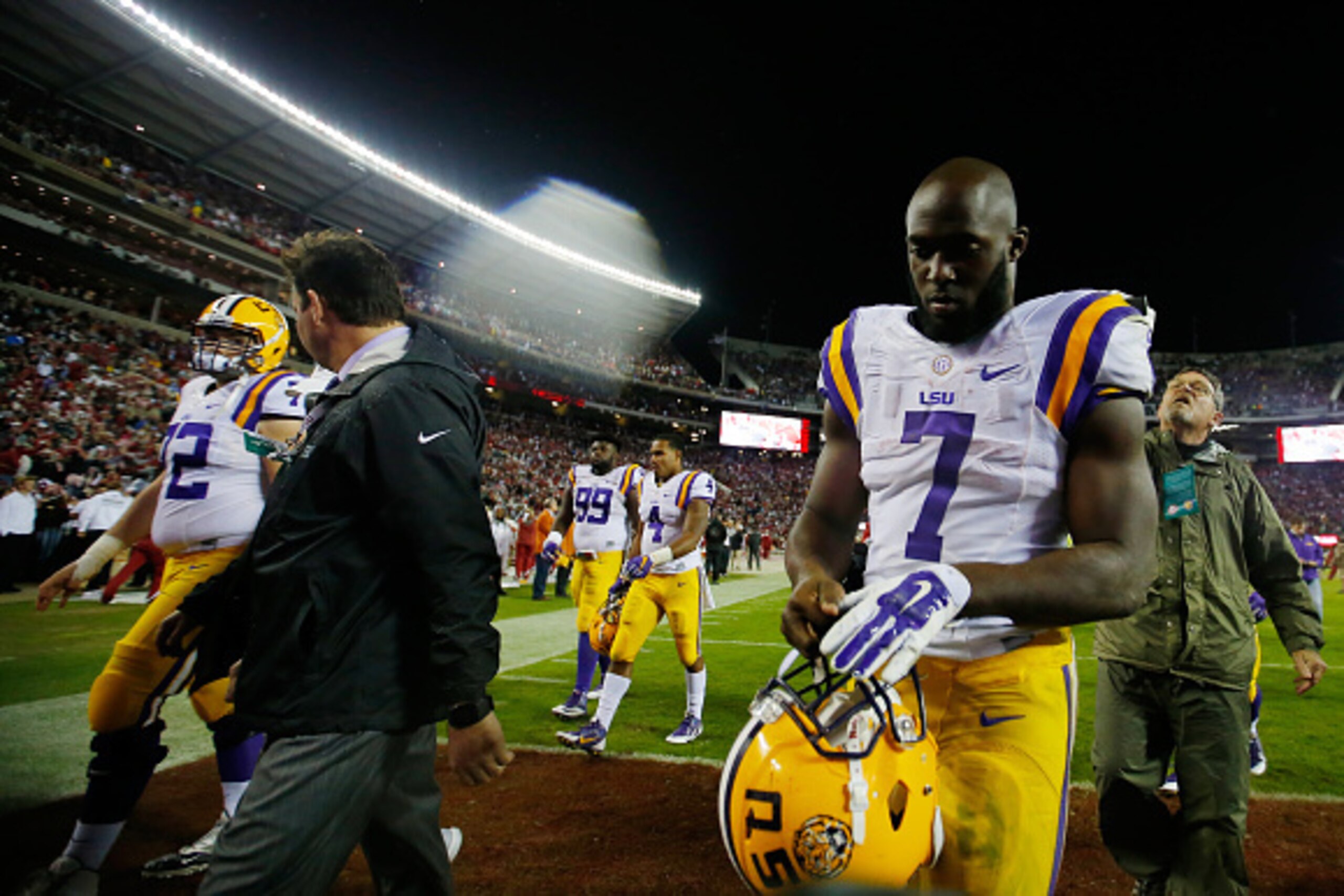 TUSCALOOSA, AL - NOVEMBER 07:  Leonard Fournette #7 of the LSU Tigers walks off the field after their 30-16 loss to the Alabama Crimson Tide during the fourth quarter at Bryant-Denny Stadium on November 7, 2015 in Tuscaloosa, Alabama.  (Photo by Kevin C. 