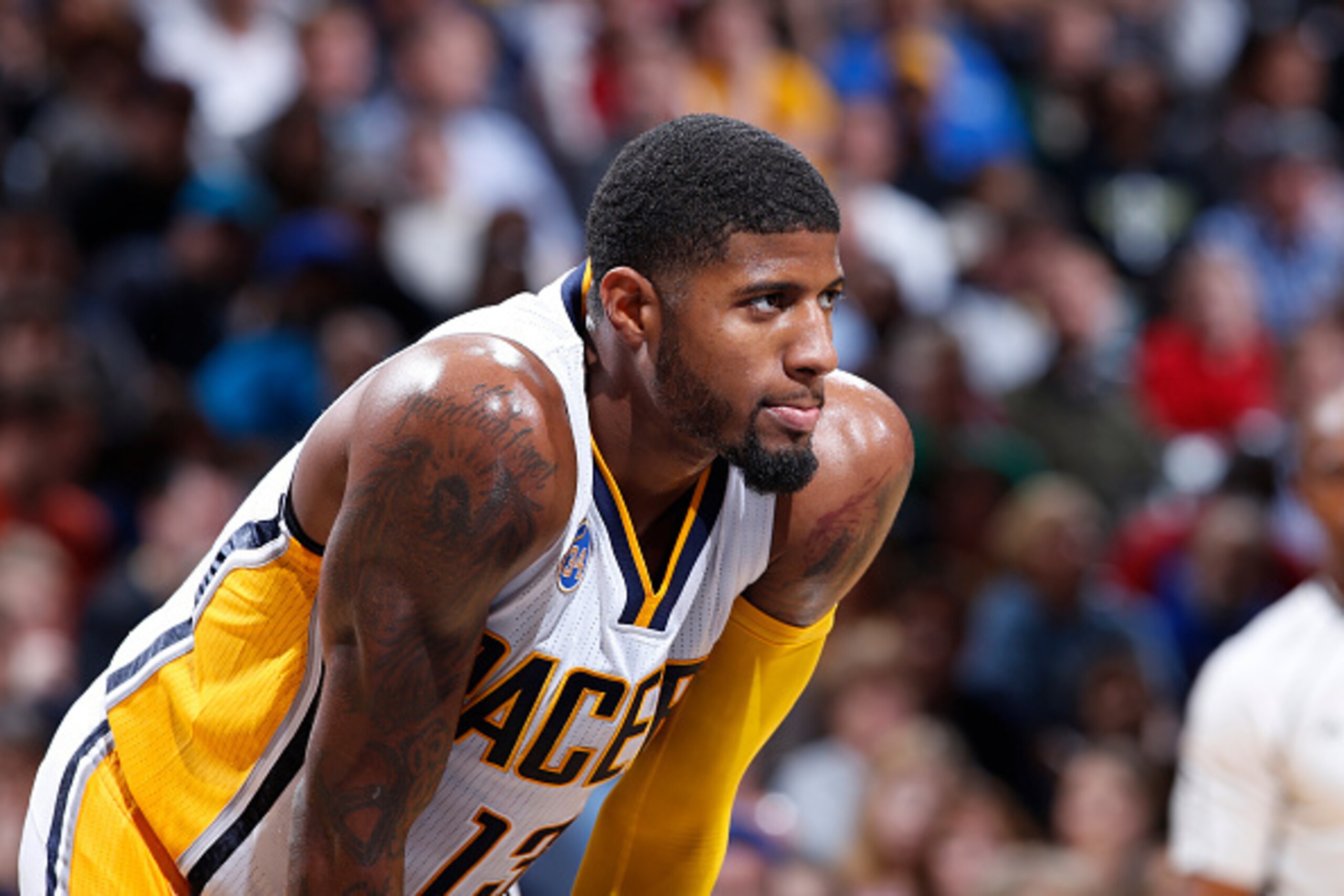 INDIANAPOLIS, IN - NOVEMBER 9: Paul George #13 of the Indiana Pacers looks on against the Orlando Magic during a game at Bankers Life Fieldhouse on November 9, 2015 in Indianapolis, Indiana. The Pacers defeated the Magic 97-84. NOTE TO USER: User expressl