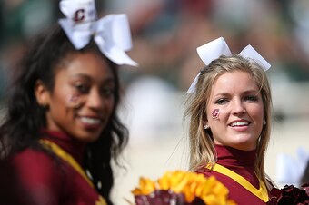 EAST LANSING MI - SEPTEMBER 26: Central Michigan Chippewas cheerleaders entertain the fans during the game against the Michigan State Spartans on September 26, 2015 at Spartan Stadium in East Lansing, Michigan. The Spartans defeated the Chippewas 30-10. (