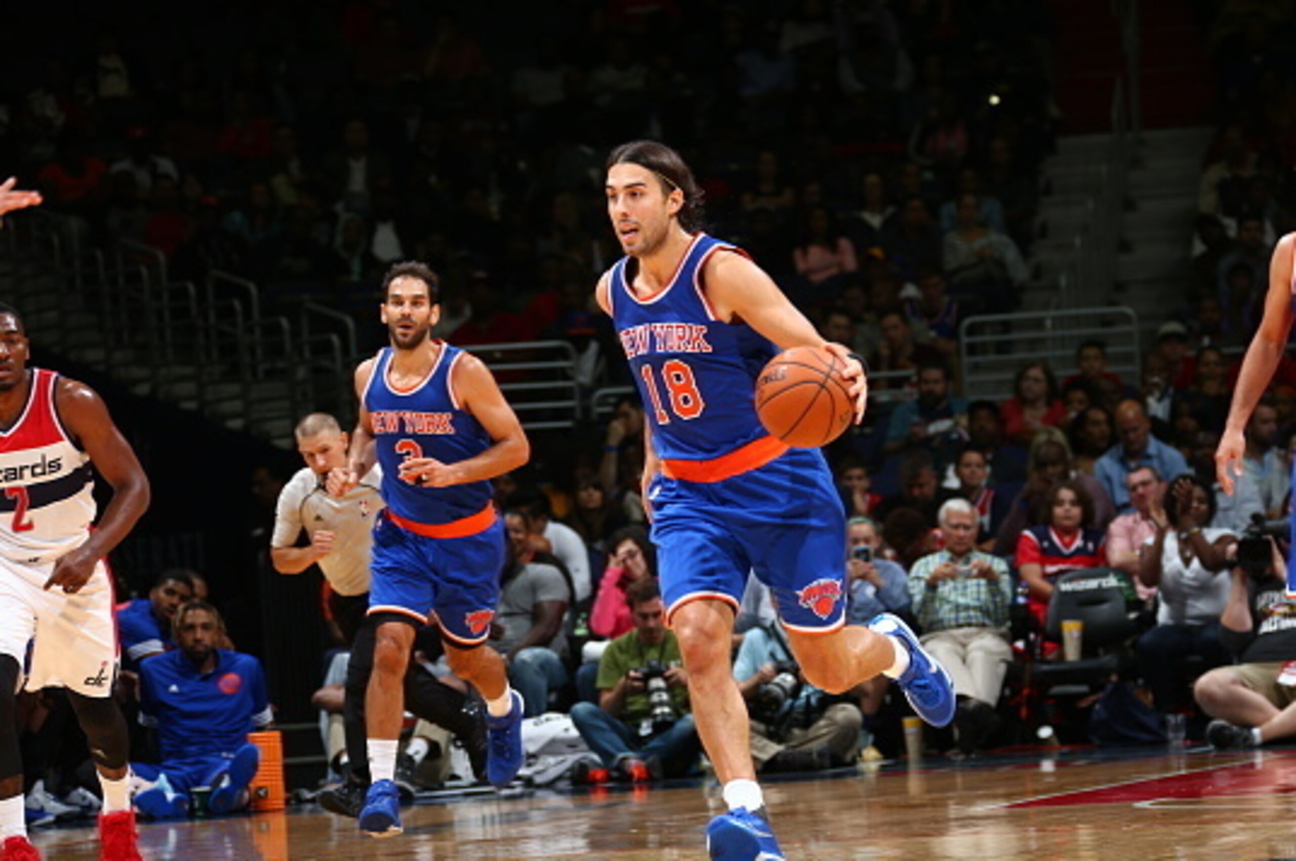 WASHINGTON, DC -  OCTOBER 9:  Sasha Vujacic #18 of the New York Knicks drives to the basket against the Washington Wizards during a preseason game on October 9, 2015 at Verizon Center in Washington, DC. NOTE TO USER: User expressly acknowledges and agrees