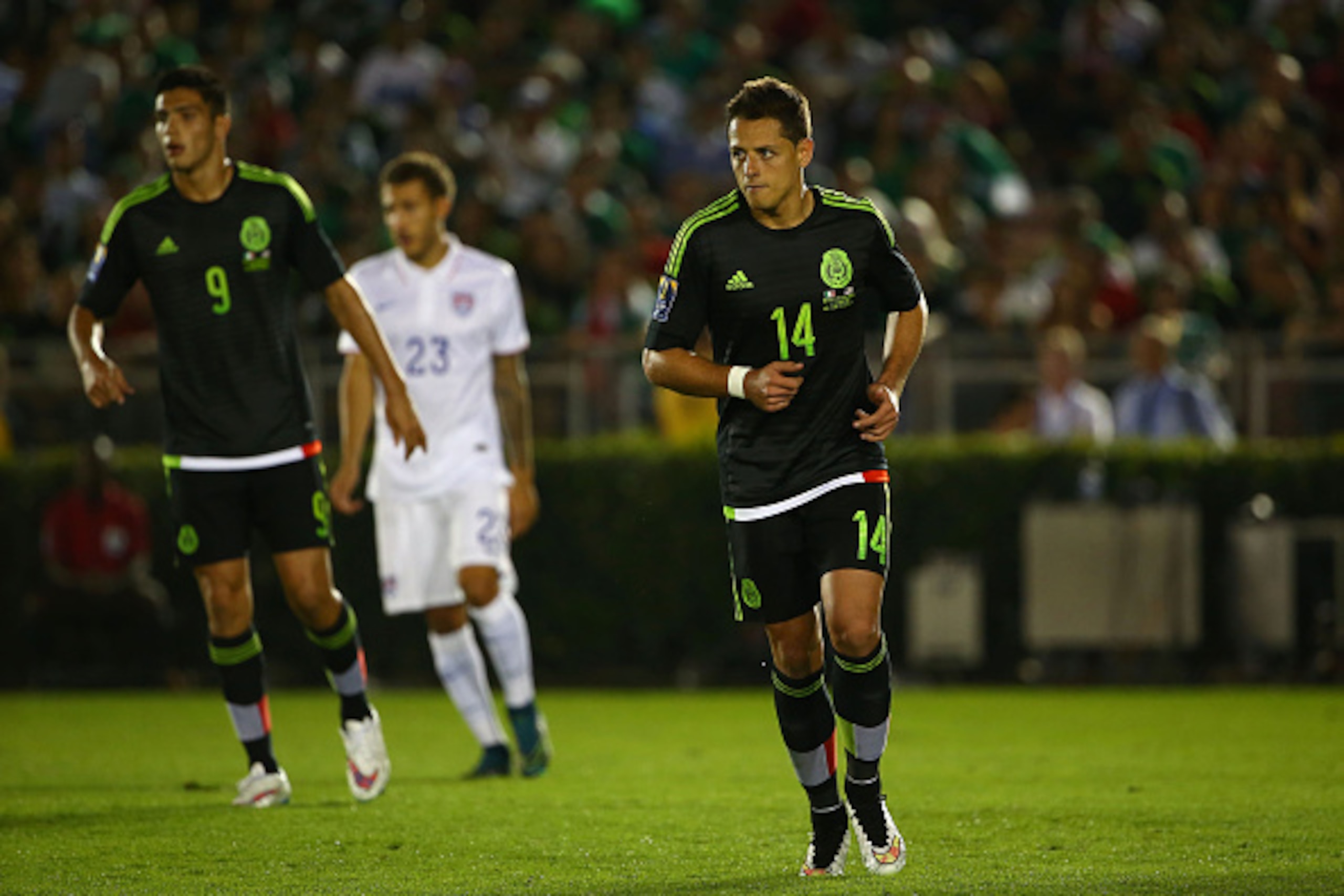 PASADENA, CA - OCTOBER 10:  Javier Hernandez #14 of Mexico follows the play in the second half during the 2017 FIFA Confederations Cup Qualifying match against the United States at Rose Bowl on October 10, 2015 in Pasadena, California. Mexico defeated the