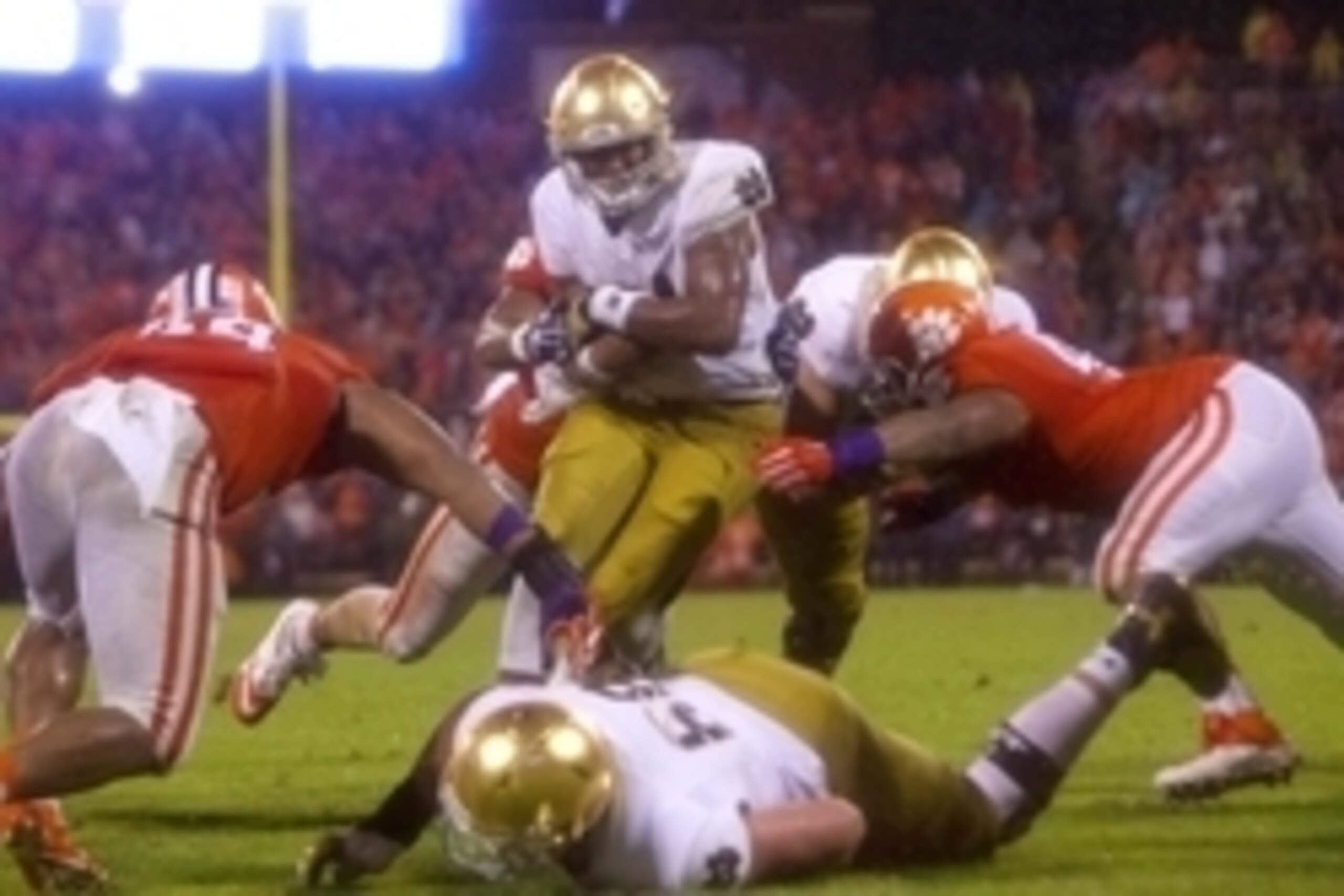 Oct 3, 2015; Clemson, SC, USA; Notre Dame Fighting Irish quarterback DeShone Kizer (14) scores a touchdown during the second half against the Clemson Tigers at Clemson Memorial Stadium. Tigers won 24-22. Mandatory Credit: Joshua S. Kelly-USA TODAY Sports