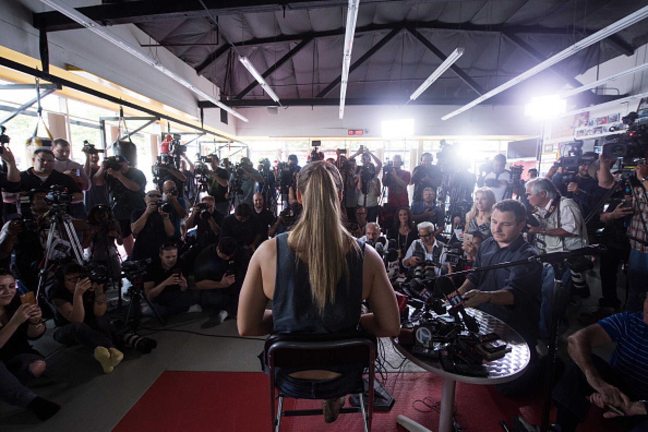 GLENDALE, CA - OCTOBER 27:  UFC Bantamweight champion Ronda Rousey speaks to the media at the Glendale Fight Club on October 27, 2015 in Glendale, California.  (Photo by Brandon Magnus/Zuffa LLC/Zuffa LLC via Getty Images)