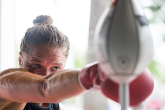 GLENDALE, CA - OCTOBER 27:  UFC Bantamweight champion Ronda Rousey cools down after a workout during a media training session at the Glendale Fight Club on October 27, 2015 in Glendale, California.  (Photo by Brandon Magnus/Zuffa LLC/Zuffa LLC via Getty I