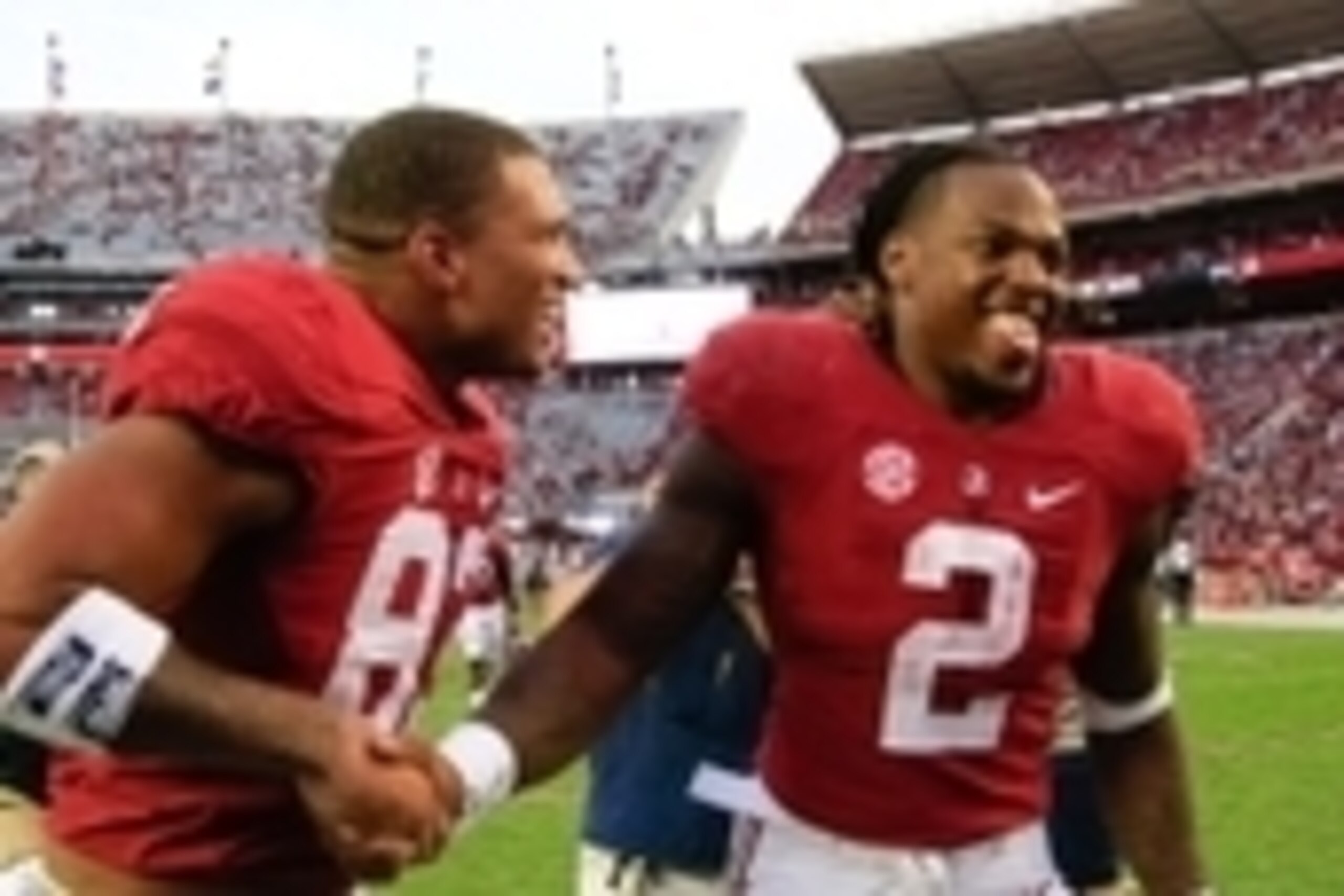 Sep 26, 2015; Tuscaloosa, AL, USA; Alabama Crimson Tide running back Derrick Henry (2) celebrates with tight end Ty Flournoy-Smith (83) after defeating the Louisiana Monroe Warhawks at Bryant-Denny Stadium. The Tide defeated the Warhawks 34-0. Mandatory C Sep 26, 2015; Tuscaloosa, AL, USA; Alabama Crimson Tide running back Derrick Henry (2) celebrates with tight end Ty Flournoy-Smith (83) after defeating the Louisiana Monroe Warhawks at Bryant-Denny Stadium. The Tide defeated the Warhawks 34-0. Mandatory C