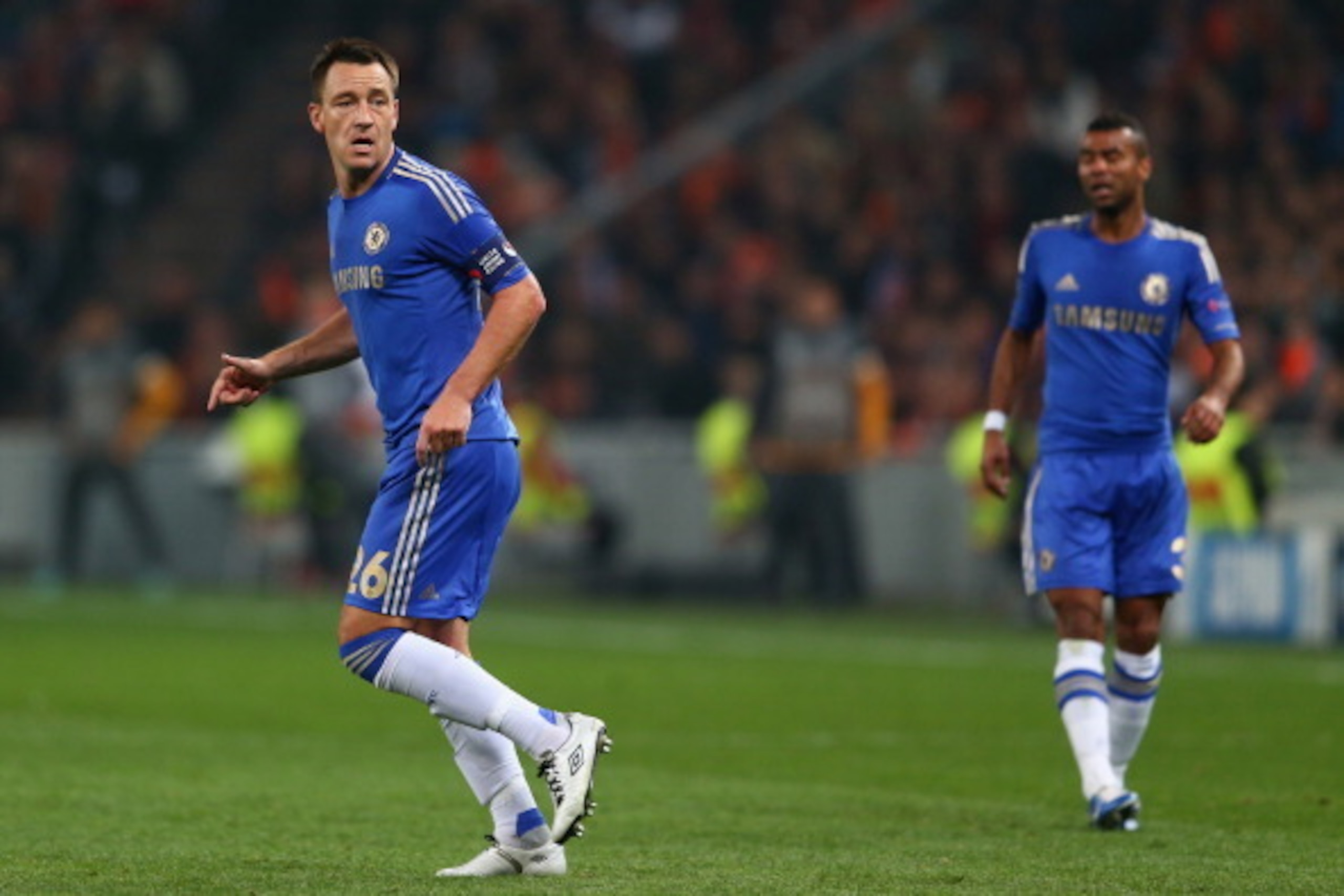DONETSK, UKRAINE - OCTOBER 23: John Terry (L) and Ashley Cole (R) of Chelsea during the UEFA Champions League Group E match between Shakhtar Donetsk and Chelsea at the Donbass Arena on October 23, 2012 in Donetsk, Ukraine.  (Photo by Michael Steele/Getty 
