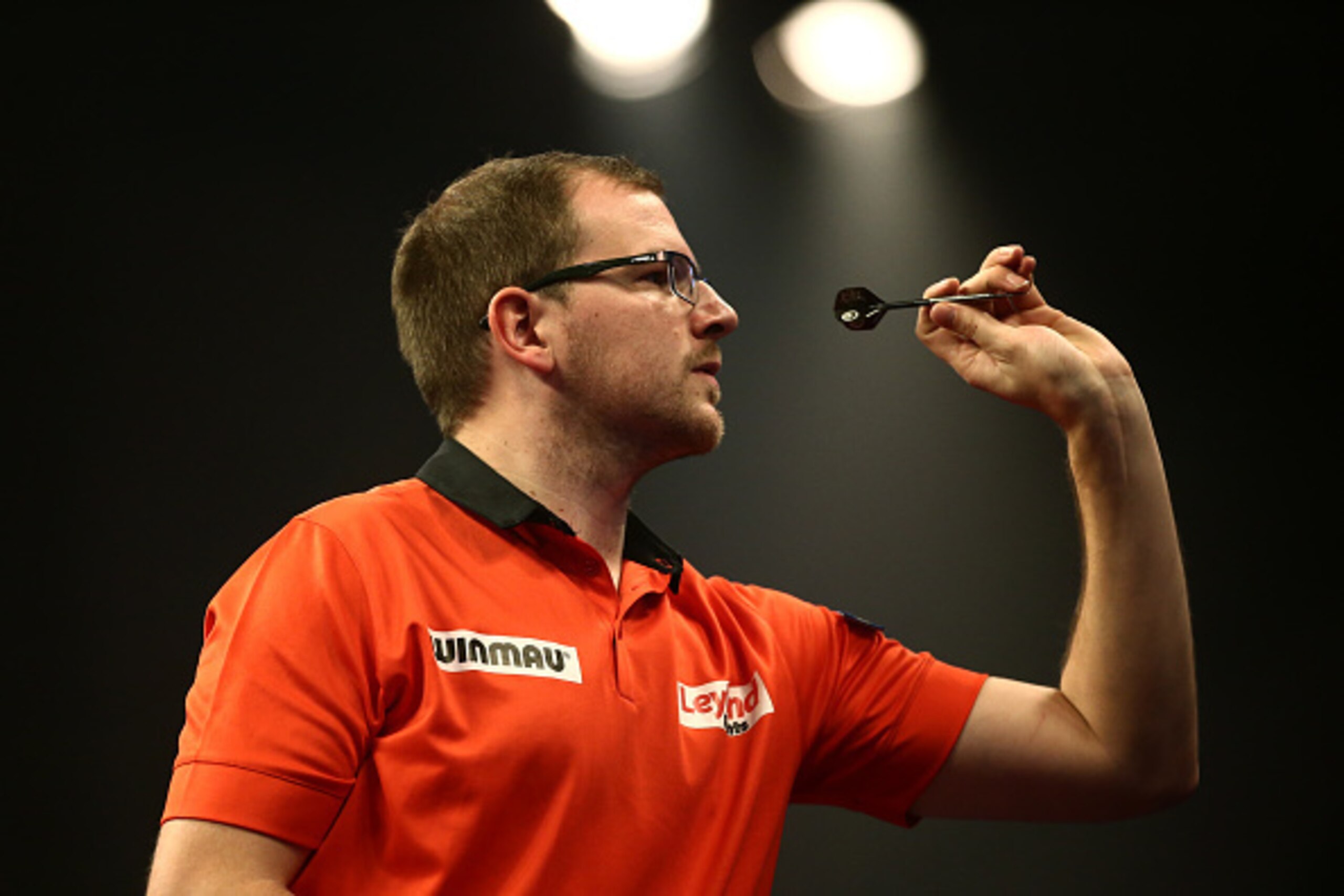 LONDON, ENGLAND - DECEMBER 28:  Mark Webster of Wales in action during his second round match against Phil Taylor of England on Day Eight of the William Hill PDC World Darts Championships at Alexandra Palace on December 28, 2014 in London, England.  (Phot