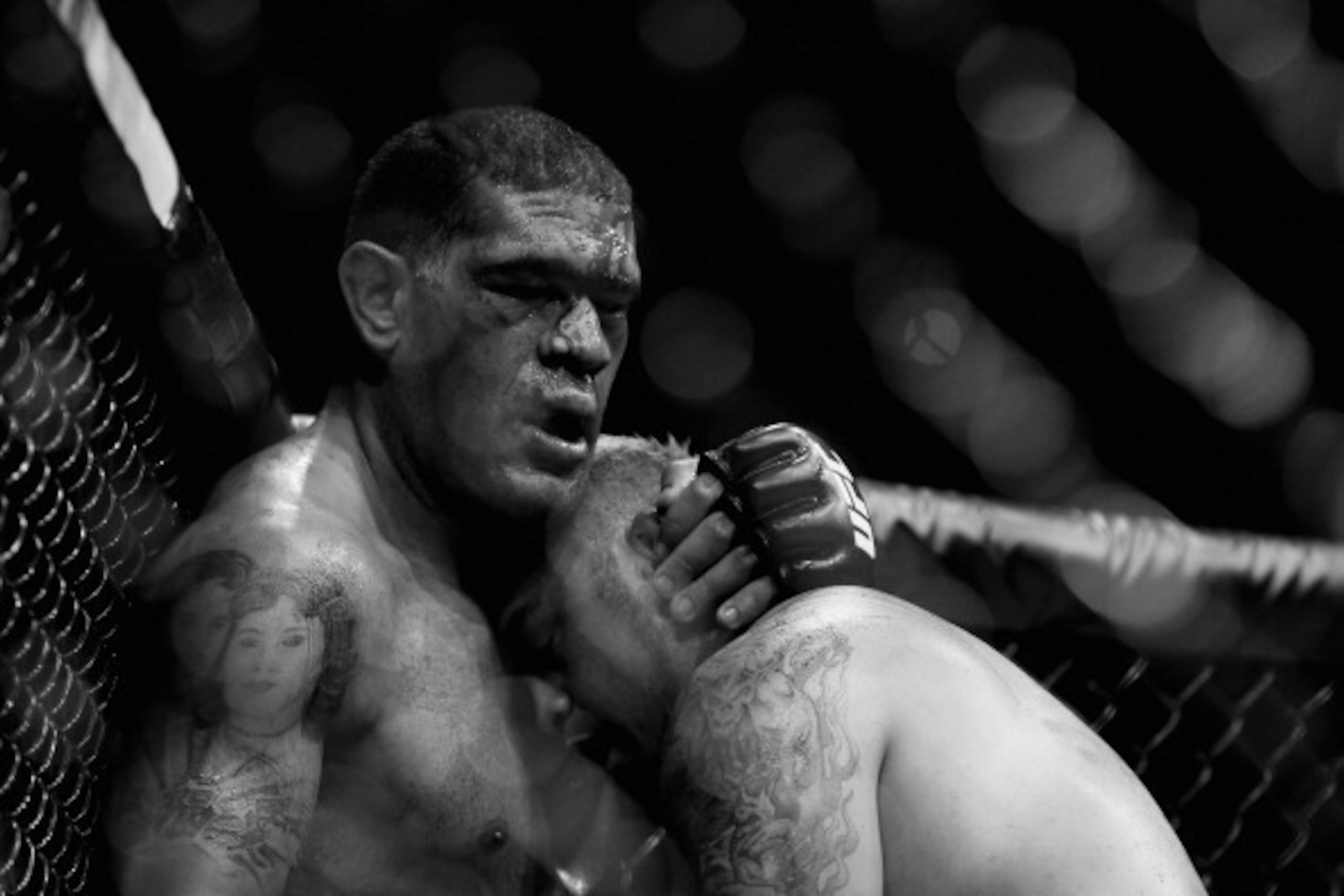 BRISBANE, AUSTRALIA - DECEMBER 07:  (This digital image has been converted to black & white) Antonio 'Bigfoot' Silva and Mark Hunt grapple in their heavyweight fight during the UFC Fight Night event at the Brisbane Entertainment Centre on December 7, 2013