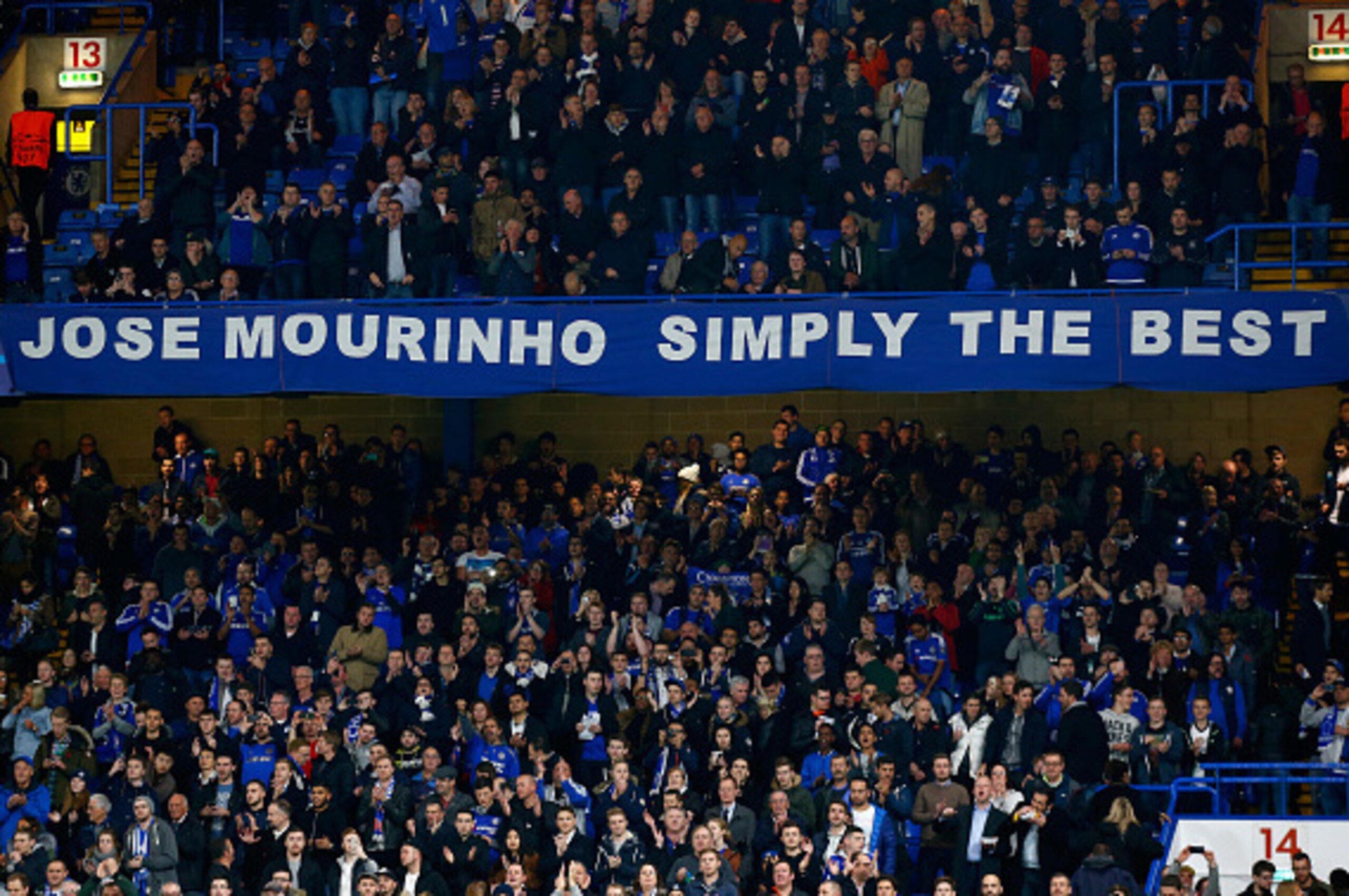 LONDON, ENGLAND - NOVEMBER 04:  Chelsea fans show their support for their manager during the UEFA Champions League Group G match between Chelsea FC and FC Dynamo Kyiv at Stamford Bridge on November 4, 2015 in London, United Kingdom.  (Photo by Clive Rose/