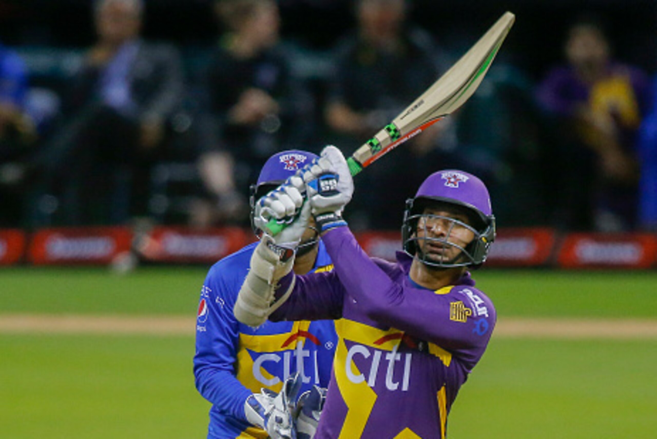 HOUSTON, TX - NOVEMBER 11:  Kumar Sangakkara of Sachin's Blasters during action at the Cricket All-Stars Series at Minute Maid Park on November 11, 2015 in Houston, Texas.  (Photo by Bob Levey/Getty Images)
