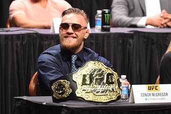 LAS VEGAS, NEVADA - SEPTEMBER 04:  UFC interim featherweight champion Conor McGregor looks on during the UFC's Go Big launch event inside MGM Grand Garden Arena on September 4, 2015 in Las Vegas, Nevada. (Photo by Jeff Bottari/Zuffa LLC/Zuffa LLC via Gett