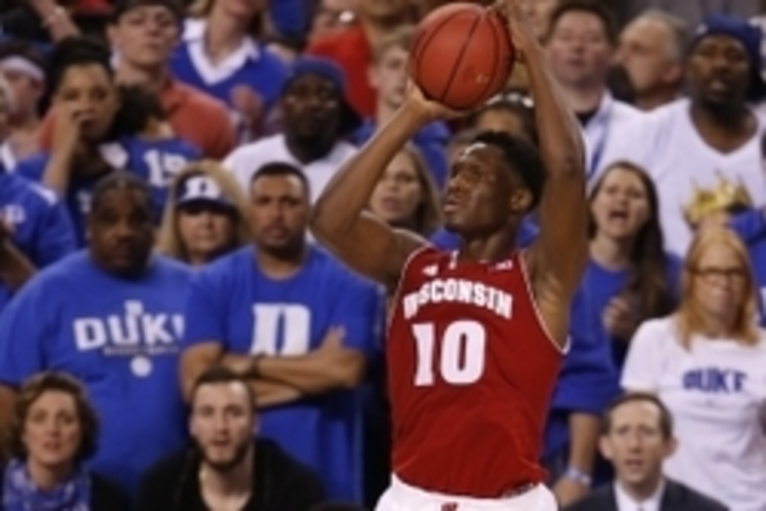 Apr 6, 2015; Indianapolis, IN, USA; Wisconsin Badgers forward Nigel Hayes (10) shoots during the first half against the Duke Blue Devils in the 2015 NCAA Men's Division I Championship game at Lucas Oil Stadium. Mandatory Credit: Brian Spurlock-USA TODAY S