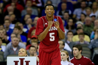 OMAHA, NE - MARCH 20: Troy Williams #5 of the Indiana Hoosiers reacts in the second half against the Wichita State Shockers during the second round of the 2015 NCAA Men's Basketball Tournament at the CenturyLink Center on March 20, 2015 in Omaha, Nebraska