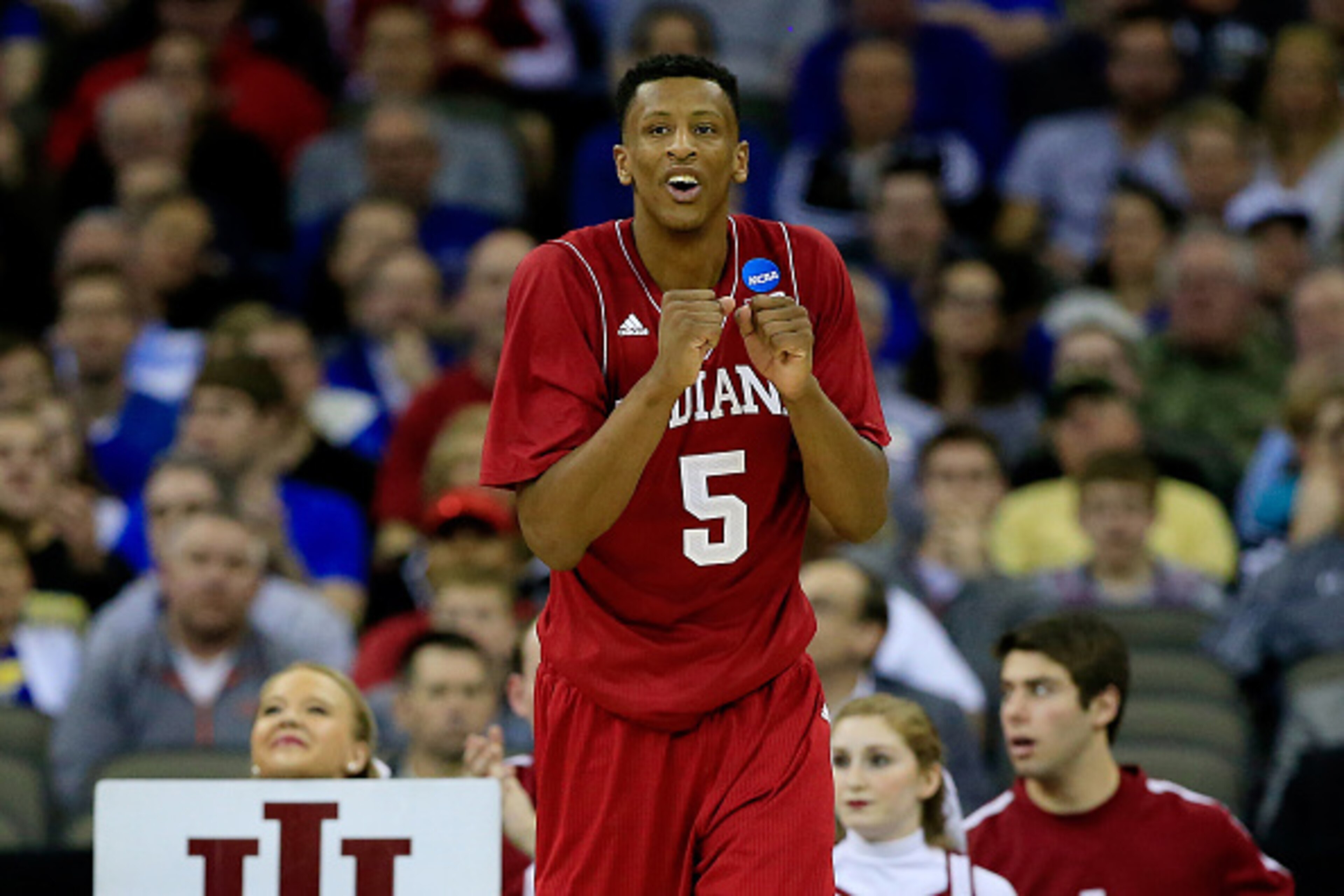 OMAHA, NE - MARCH 20: Troy Williams #5 of the Indiana Hoosiers reacts in the second half against the Wichita State Shockers during the second round of the 2015 NCAA Men's Basketball Tournament at the CenturyLink Center on March 20, 2015 in Omaha, Nebraska