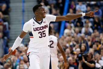 Jan 25, 2015; Hartford, CT, USA; Connecticut Huskies center Amida Brimah (35) reacts after a play against the South Florida Bulls in the second half at XL Center. UConn defeated USF 66-53. Mandatory Credit: David Butler II-USA TODAY Sports