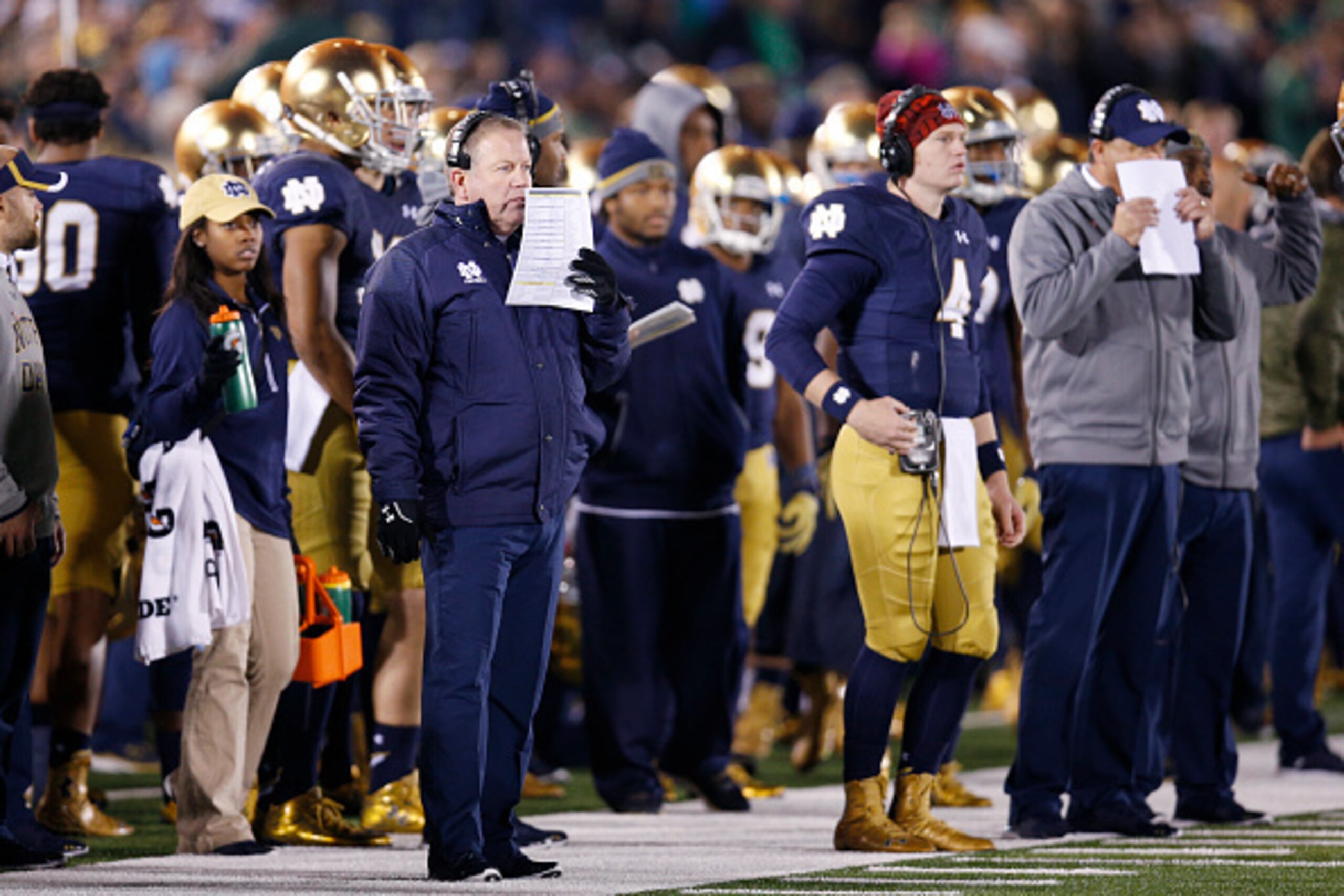 SOUTH BEND, IN - OCTOBER 17: Head coach Brian Kelly of the Notre Dame Fighting Irish looks on during a game against the USC Trojans at Notre Dame Stadium on October 17, 2015 in South Bend, Indiana. Notre Dame defeated USC 41-31. (Photo by Joe Robbins/Gett