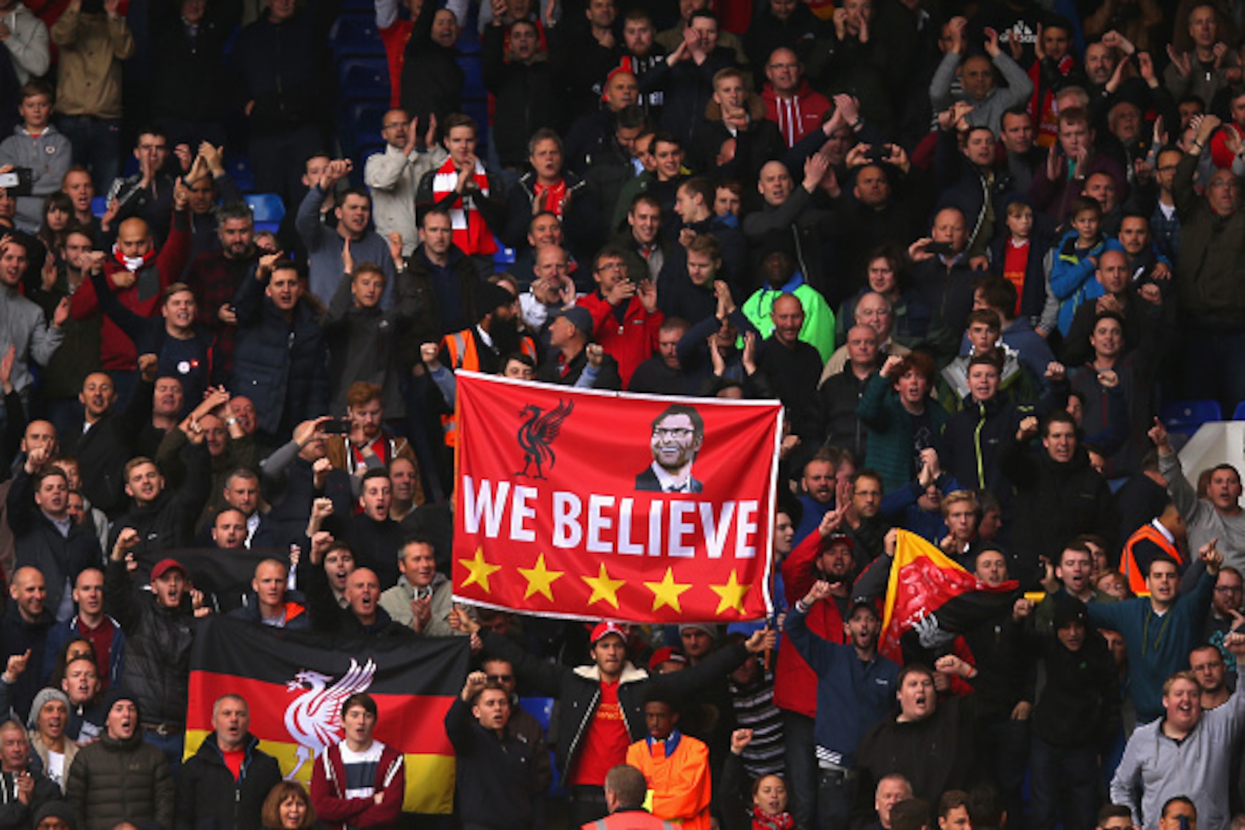 LONDON, ENGLAND - OCTOBER 17:  A banner to support new manager Jurgen Klopp is displayed among Liverpool supporters stand during the Barclays Premier League match between Tottenham Hotspur and Liverpool at White Hart Lane on October 17, 2015 in London, En