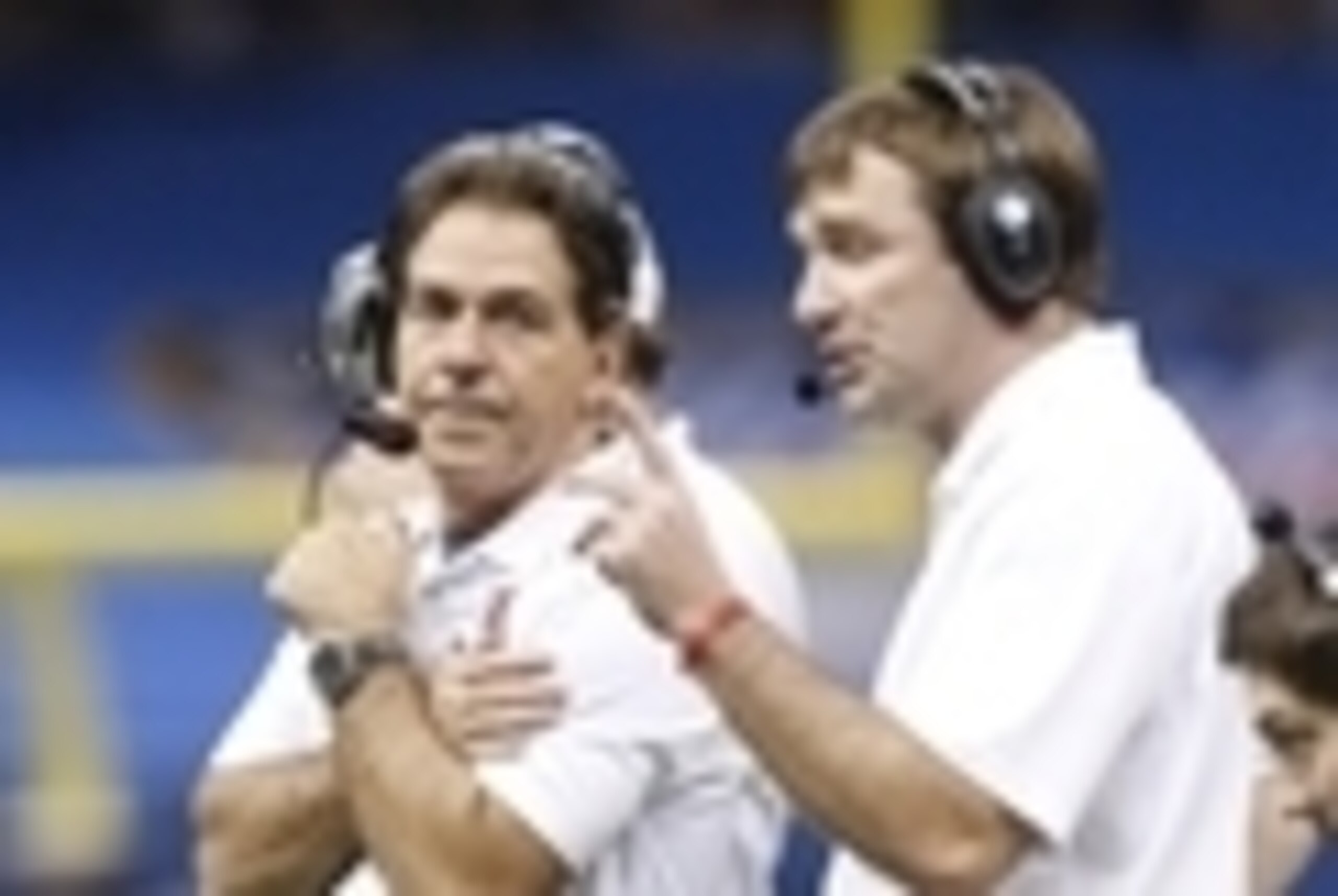 Jan 1, 2015; New Orleans, LA, USA; Alabama Crimson Tide head coach Nick Saban and defensive coordinator Kirby Smart (right) on the sidelines against the Ohio State Buckeyes in the 2015 Sugar Bowl at Mercedes-Benz Superdome. Mandatory Credit: Matthew Emmon