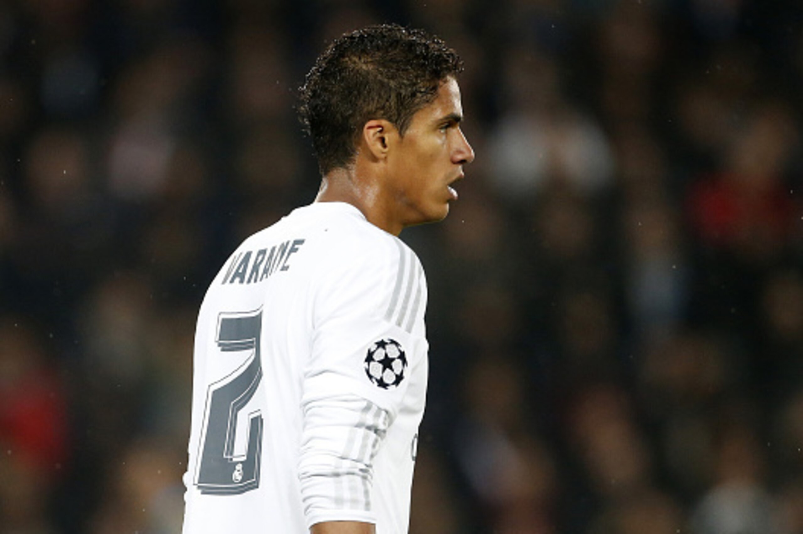 PARIS, FRANCE - OCTOBER 21: Raphael Varane of Real Madrid looks on during the UEFA Champions League match between Paris Saint-Germain (PSG) and Real Madrid at Parc des Princes stadium on October 21, 2015 in Paris, France. (Photo by Jean Catuffe/Getty Imag