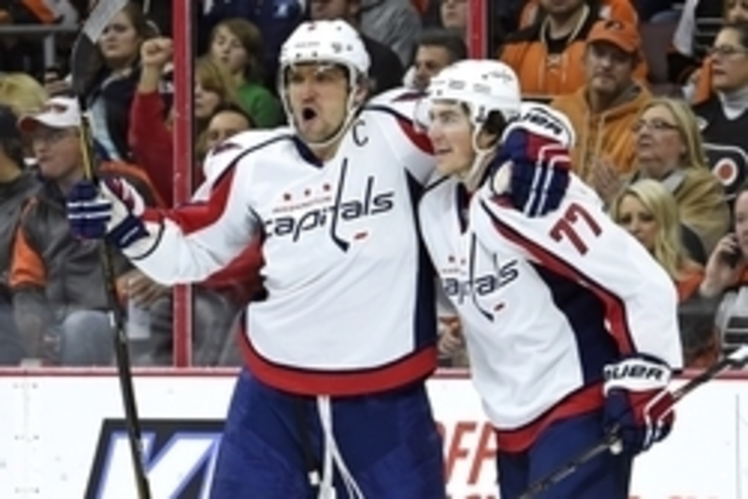 Nov 12, 2015; Philadelphia, PA, USA; Washington Capitals right wing T.J. Oshie (77) celebrates his goal with Washington Capitals left wing Alex Ovechkin (8) against the Philadelphia Flyers during the first period at Wells Fargo Center. Mandatory Credit: E Nov 12, 2015; Philadelphia, PA, USA; Washington Capitals right wing T.J. Oshie (77) celebrates his goal with Washington Capitals left wing Alex Ovechkin (8) against the Philadelphia Flyers during the first period at Wells Fargo Center. Mandatory Credit: E