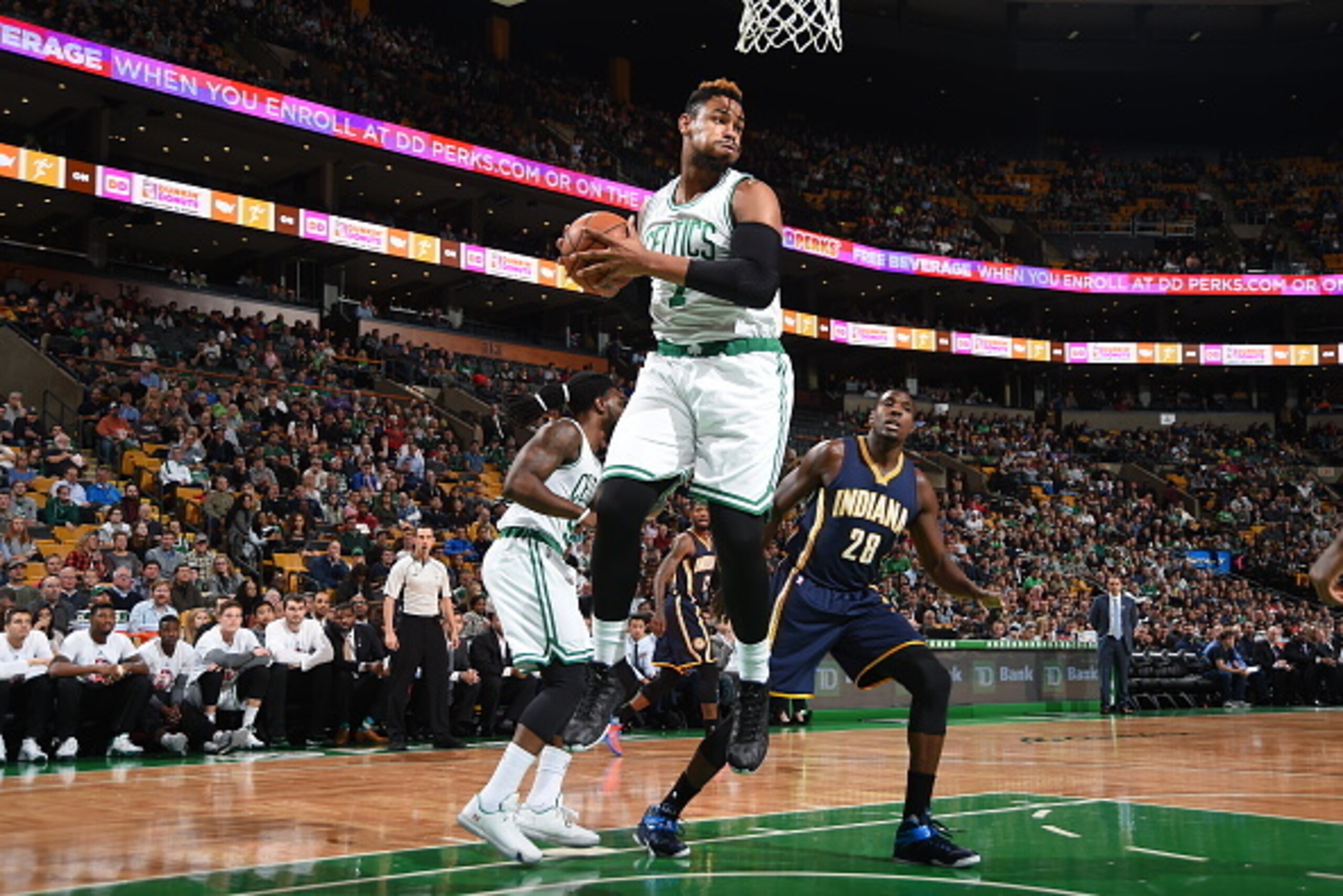 BOSTON, MA - NOVEMBER 11: Jared Sullinger #7 of the Boston Celtics grabs the rebound against the Indiana Pacers during the game on November 11, 2015 at the TD Garden in Boston, Massachusetts.  NOTE TO USER: User expressly acknowledges and agrees that, by 