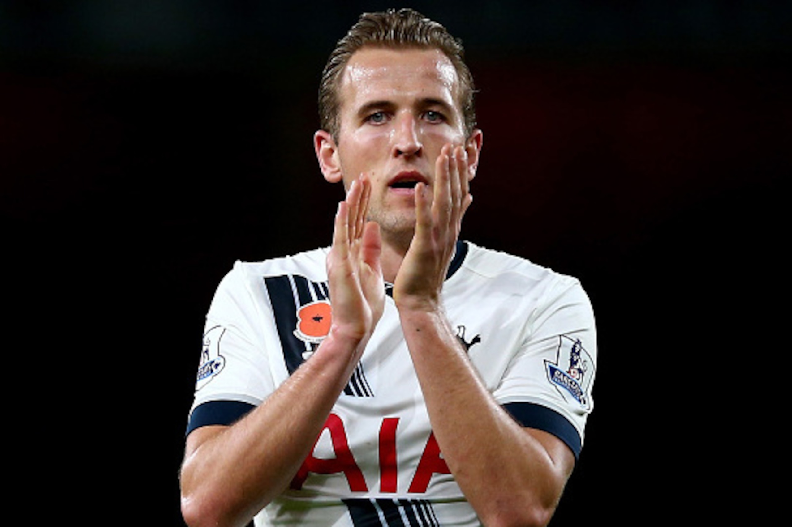 LONDON, ENGLAND - NOVEMBER 08:  Harry Kane of Spurs applauds the fans following the Barclays Premier League match between Arsenal and Tottenham Hotspur at the Emirates Stadium on November 8, 2015 in London, England.  (Photo by Clive Rose/Getty Images)