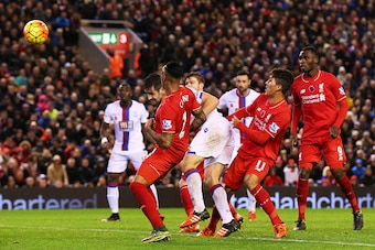LIVERPOOL, ENGLAND - NOVEMBER 08:  Scott Dann of Crystal Palace (c) scores his side's second goal during the Barclays Premier League match between Liverpool and Crystal Palace at Anfield on November 8, 2015 in Liverpool, England.  (Photo by Alex Livesey/G
