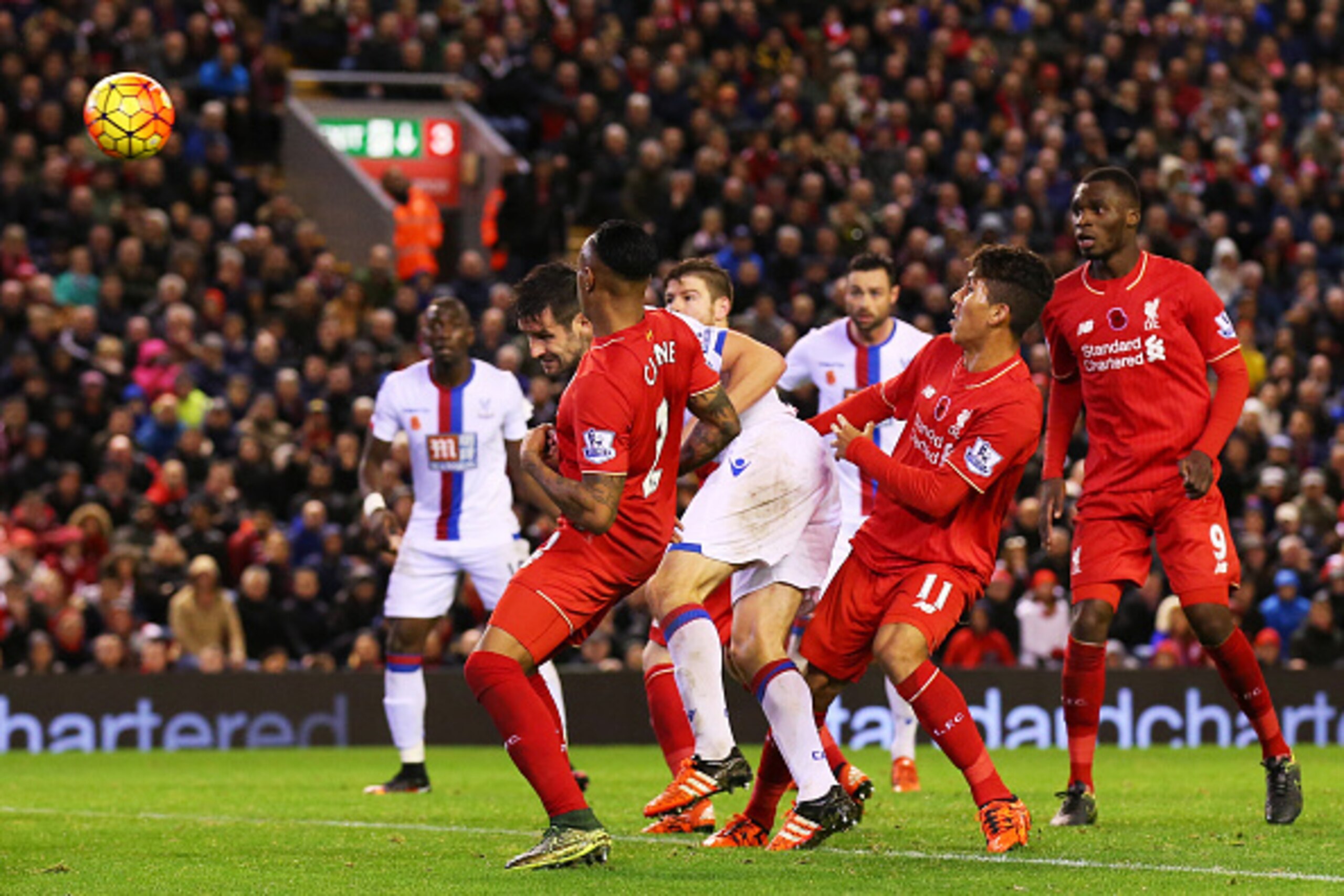 LIVERPOOL, ENGLAND - NOVEMBER 08:  Scott Dann of Crystal Palace (c) scores his side's second goal during the Barclays Premier League match between Liverpool and Crystal Palace at Anfield on November 8, 2015 in Liverpool, England.  (Photo by Alex Livesey/G