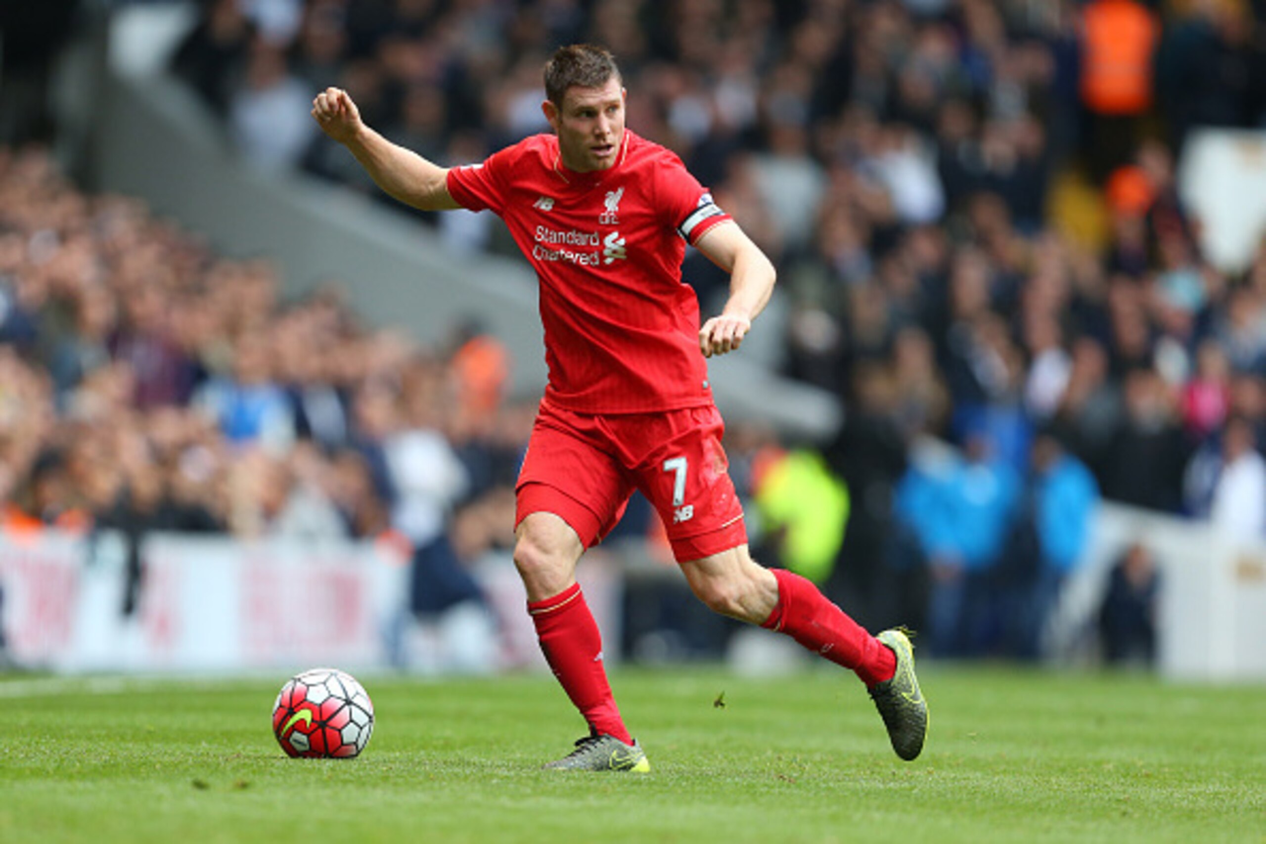 LONDON, ENGLAND - OCTOBER 17:  James Milner of Liverpool during the Barclays Premier League match between Tottenham Hotspur and Liverpool at White Hart Lane on October 17, 2015 in London, England.  (Photo by Catherine Ivill - AMA/Getty Images)