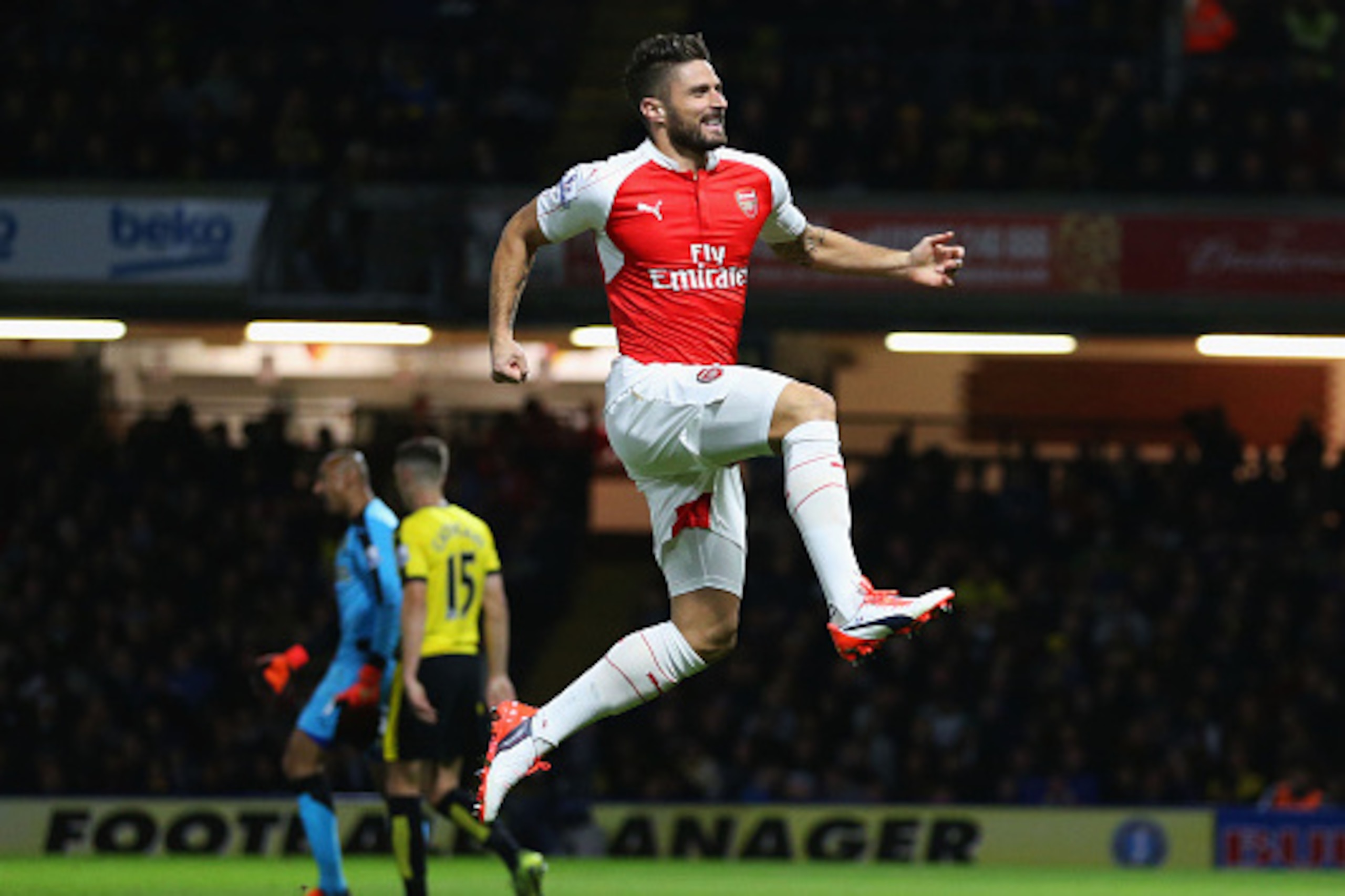 WATFORD, ENGLAND - OCTOBER 17: Olivier Giroud of Arsenal celebrates as he scores their second goal during the Barclays Premier League match between Watford and Arsenal at Vicarage Road on October 17, 2015 in Watford, England. (Photo by Jan Kruger/Getty WATFORD, ENGLAND - OCTOBER 17: Olivier Giroud of Arsenal celebrates as he scores their second goal during the Barclays Premier League match between Watford and Arsenal at Vicarage Road on October 17, 2015 in Watford, England. (Photo by Jan Kruger/Getty