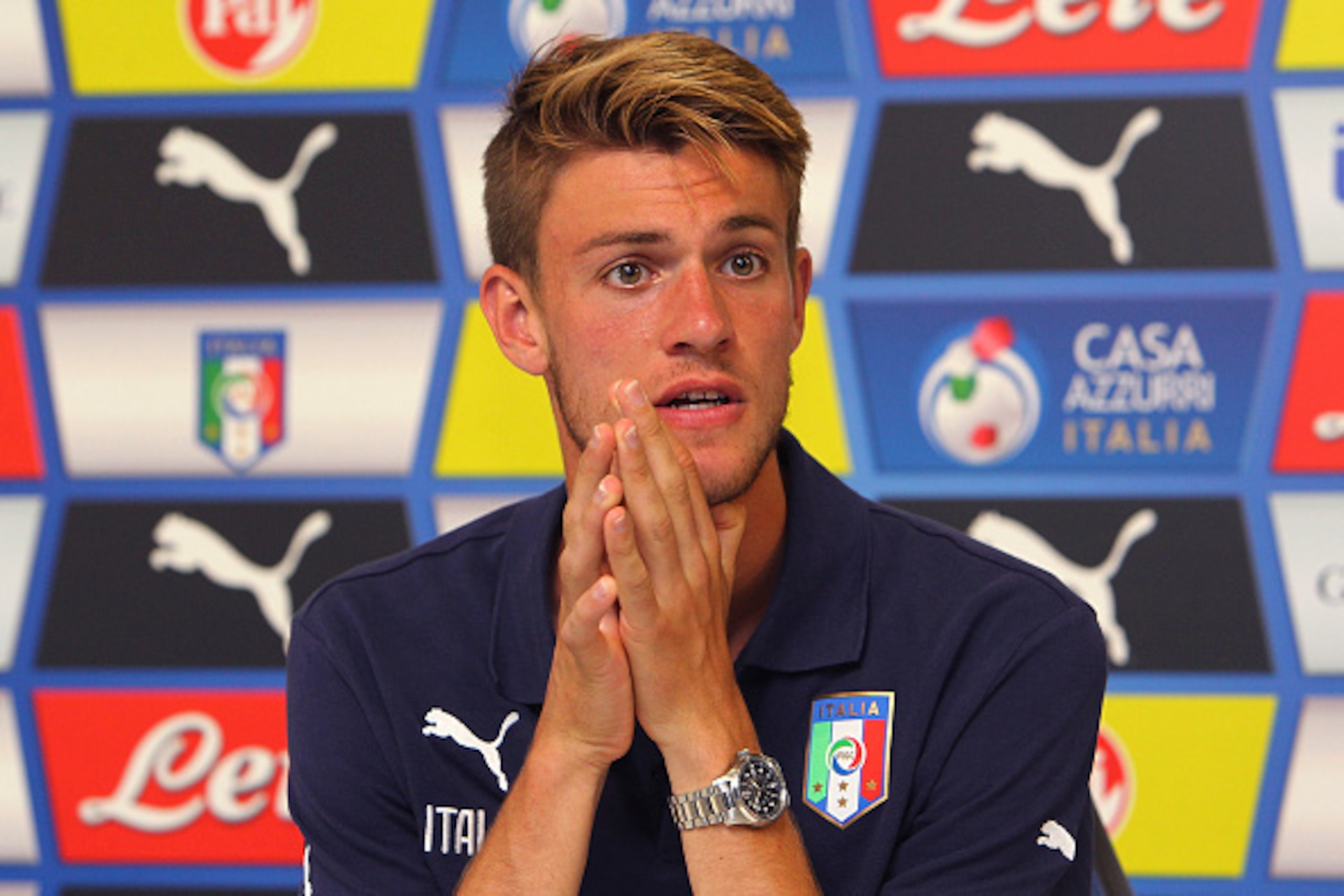COMO, ITALY - JUNE 04:  Daniele Rugani of Italy U21 speaks to the media during a press conference at the club's training ground on June 4, 2015 in Appiano Gentile Como, Italy.  (Photo by Marco Luzzani/Getty Images)