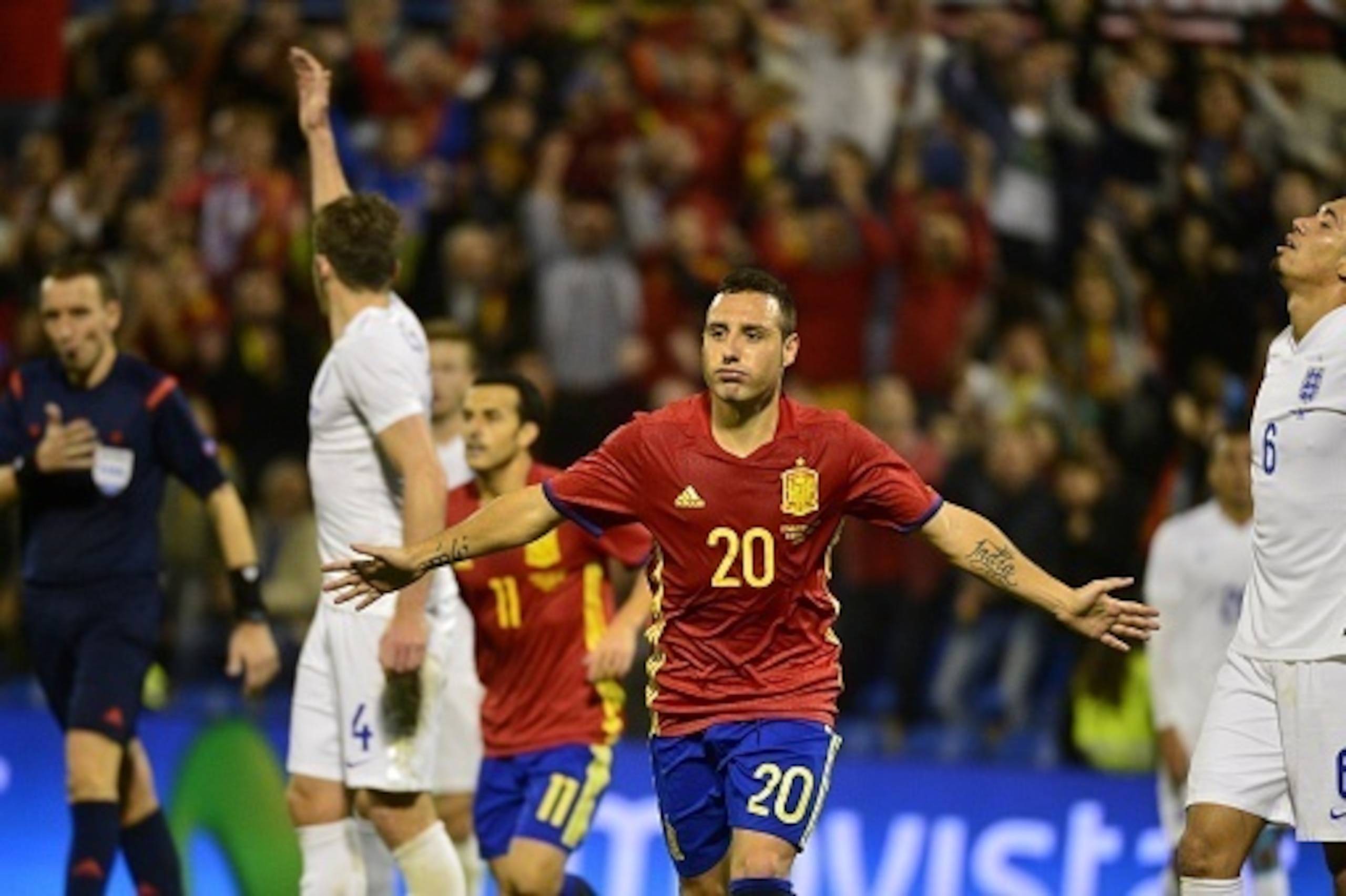 Spain's midfielder Santi Cazorla celebrates after scoring during the friendly football match Spain vs England at the Jose Rico Perez stadium in Alicante on November 13, 2015. AFP PHOTO/ JOSE JORDAN (Photo credit should read JOSE JORDAN/AFP/Getty Spain's midfielder Santi Cazorla celebrates after scoring during the friendly football match Spain vs England at the Jose Rico Perez stadium in Alicante on November 13, 2015. AFP PHOTO/ JOSE JORDAN (Photo credit should read JOSE JORDAN/AFP/Getty