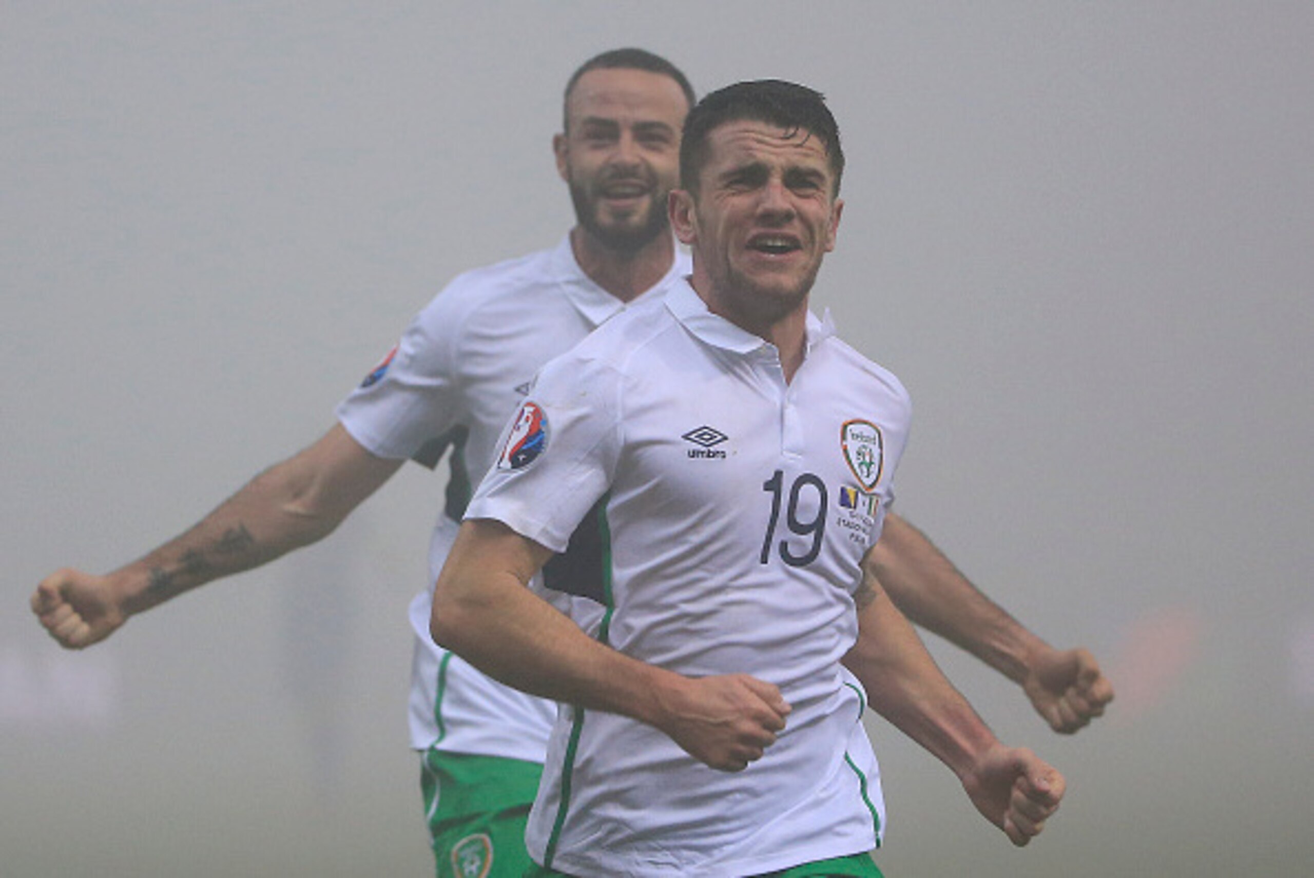 ZENICA, BOSNIA AND HERZEGOVINA - NOVEMBER 13. Robbie Brady (C) of Ireland  celebrates scoring a goal during the EURO 2016 Qualifier Play-Off First Leg match at Bilino Polje Stadium on November 13, 2015 in Zenica, Bosnia and Herzegovina. (Photo by Srdjan S