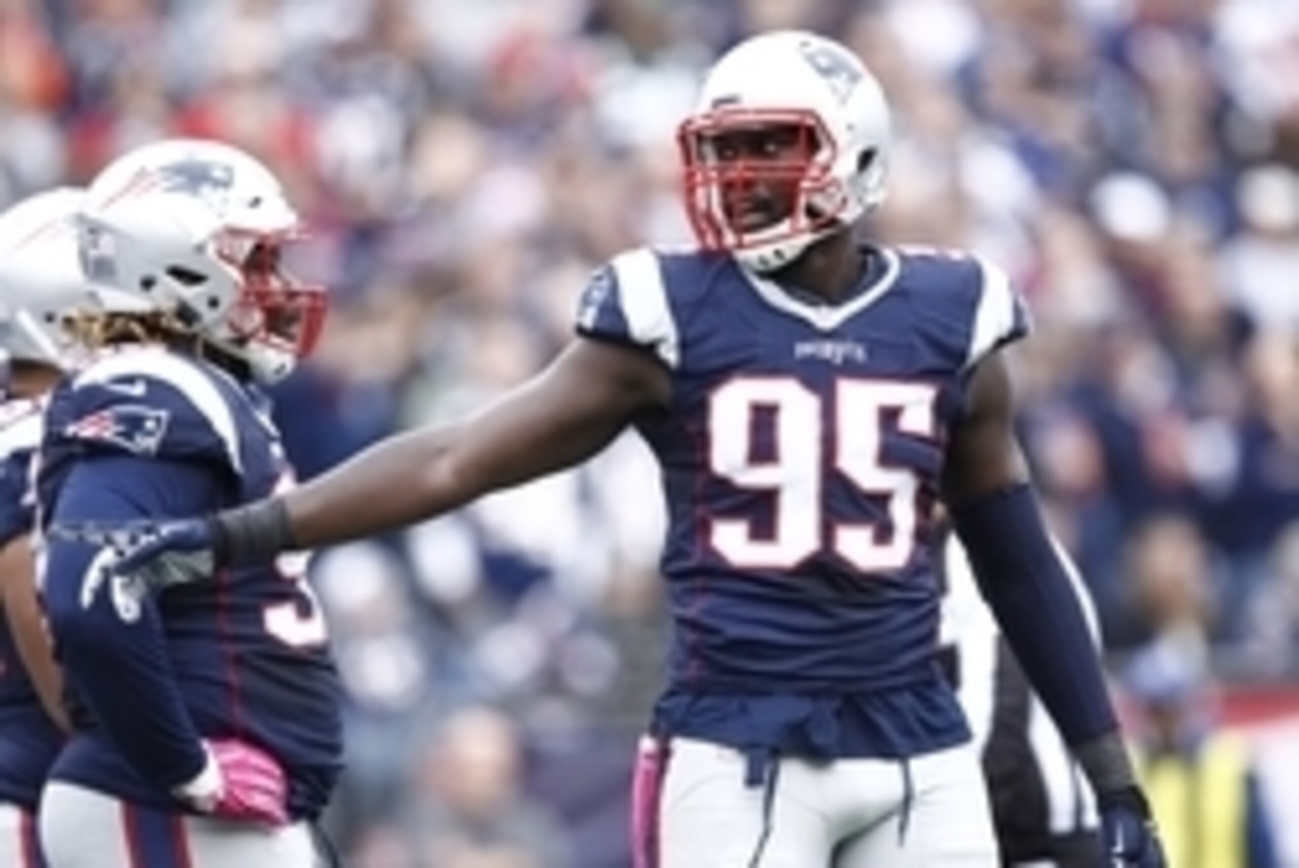 Oct 25, 2015; Foxborough, MA, USA; New England Patriots defensive end Chandler Jones (95) points during the first half of a game against the New York Jets at Gillette Stadium. Mandatory Credit: Mark L. Baer-USA TODAY Sports Oct 25, 2015; Foxborough, MA, USA; New England Patriots defensive end Chandler Jones (95) points during the first half of a game against the New York Jets at Gillette Stadium. Mandatory Credit: Mark L. Baer-USA TODAY Sports