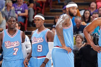 SACRAMENTO, CA - OCTOBER 30: Darren Collison #7, Rajon Rondo #9 and DeMarcus Cousins #15 of the Sacramento Kings face off against the Los Angeles Lakers on October 30, 2015 at Sleep Train Arena in Sacramento, California. NOTE TO USER: User expressly ackno