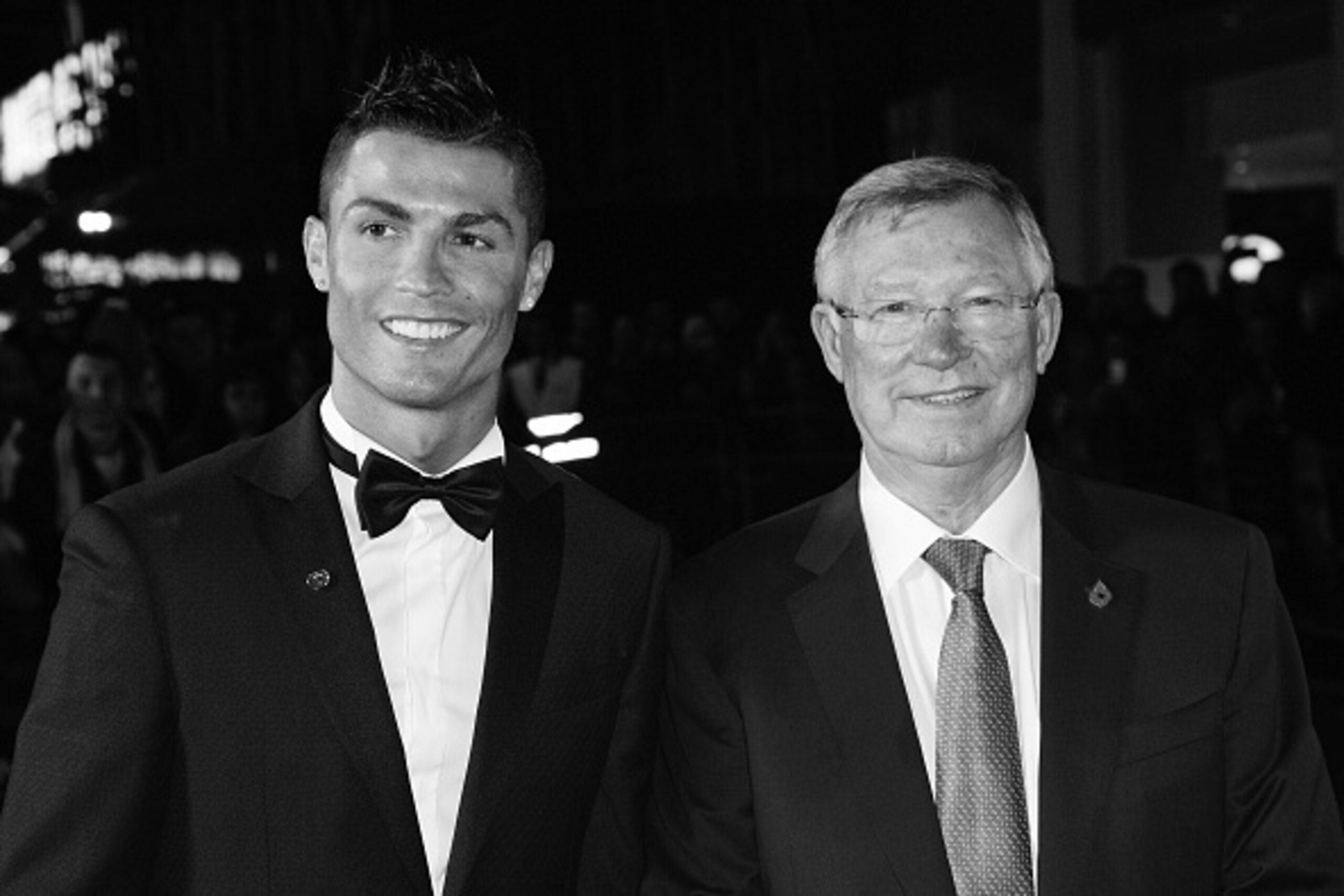 LONDON, ENGLAND - NOVEMBER 09:  (EDITORS NOTE: Image has been converted to black and
white.) Cristiano Ronaldo (L) and Sir Alex Ferguson attend the World Premiere of 'Ronaldo' at Vue West End on November 9, 2015 in London, England.  (Photo by Dave J Hogan