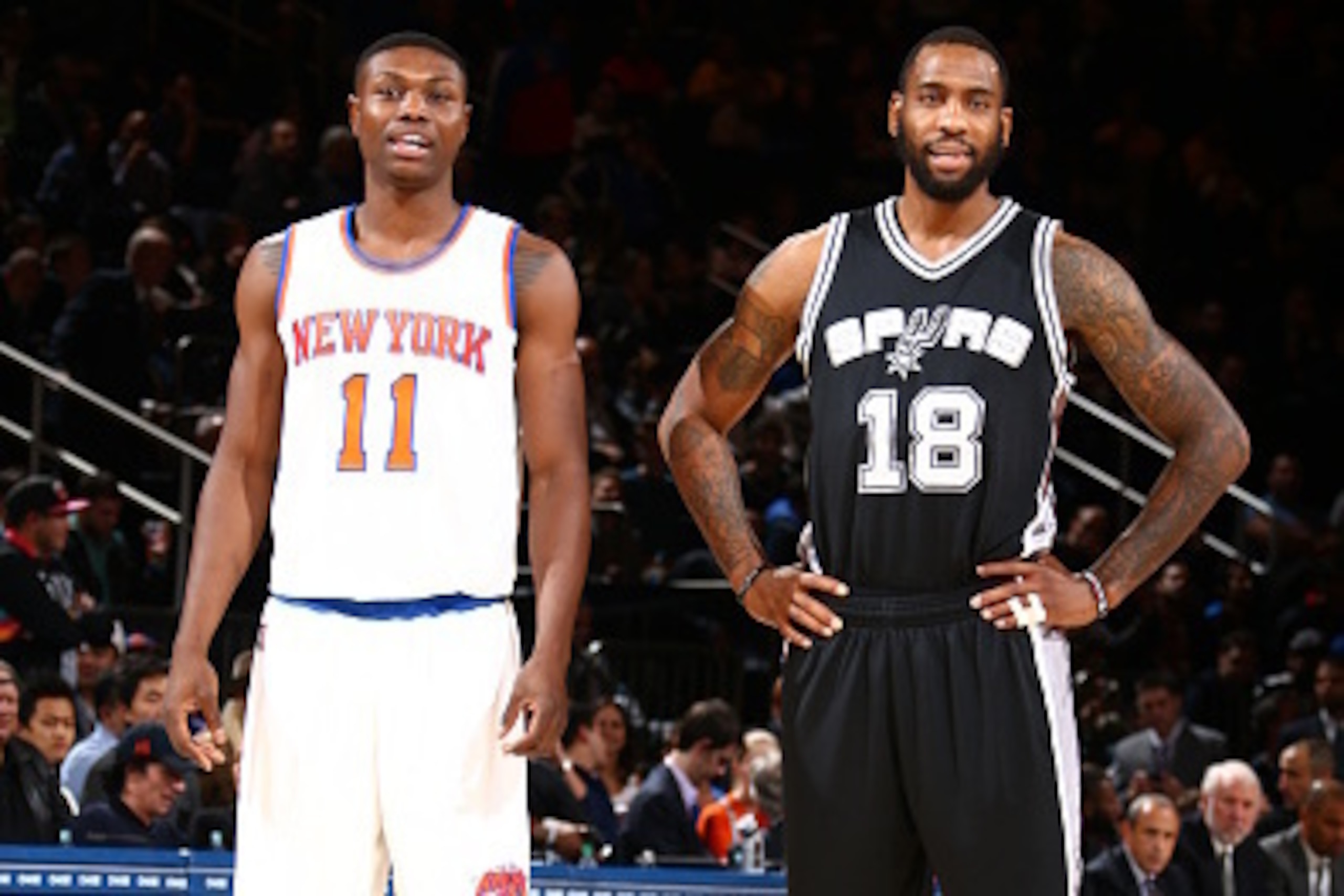 NEW YORK, NY - NOVEMBER 2: Cleanthony Early #11 of the New York Knicks and Rasual Butler #18 of the San Antonio Spurs during the game on November 2, 2015 at Madison Square Garden in New York, New York. NOTE TO USER: User expressly acknowledges and agrees NEW YORK, NY - NOVEMBER 2: Cleanthony Early #11 of the New York Knicks and Rasual Butler #18 of the San Antonio Spurs during the game on November 2, 2015 at Madison Square Garden in New York, New York. NOTE TO USER: User expressly acknowledges and agrees