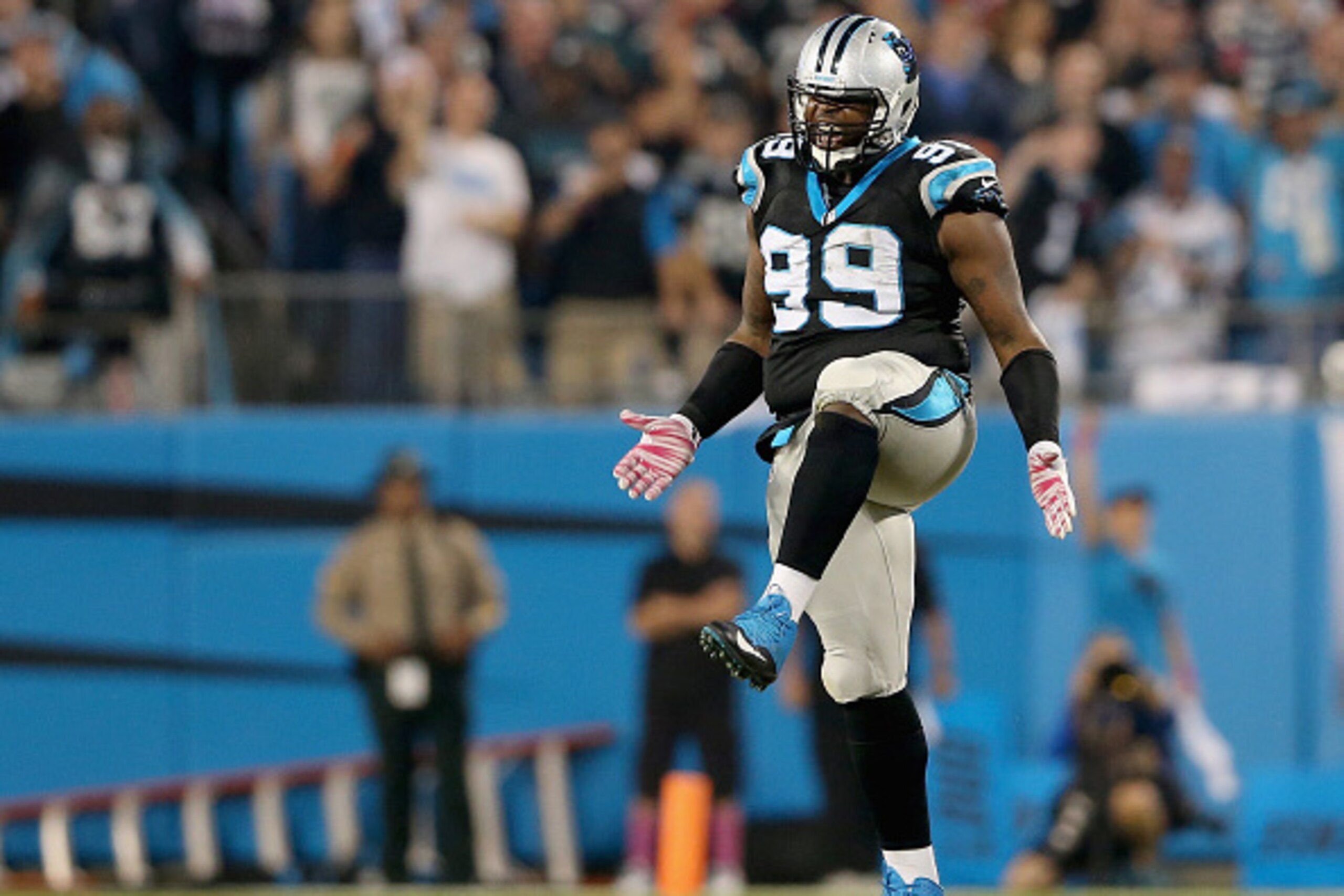CHARLOTTE, NC - OCTOBER 25:   Kawann Short #99 of the Carolina Panthers celebrates a sack against the Philadelphia Eagles in the 1st half during their game at Bank of America Stadium on October 25, 2015 in Charlotte, North Carolina.  (Photo by Streeter Le