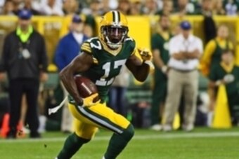 Sep 20, 2015; Green Bay, WI, USA; Green Bay Packers wide receiver Davante Adams (17) with a catch against the Seattle Seahawks during a game at Lambeau Field. Packers won 27-17. Mandatory Credit: Ray Carlin-USA TODAY Sports