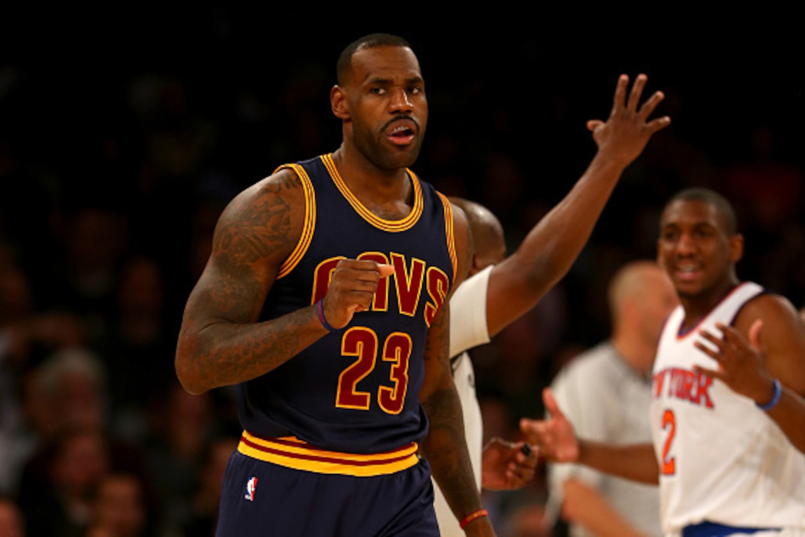 NEW YORK, NY - NOVEMBER 13:  LeBron James #23 of the Cleveland Cavaliers celebrates after making the shot and drawing the foul in the second half against the New York Knicks at Madison Square Garden on November 13, 2015 in New York City.NOTE TO USER: User